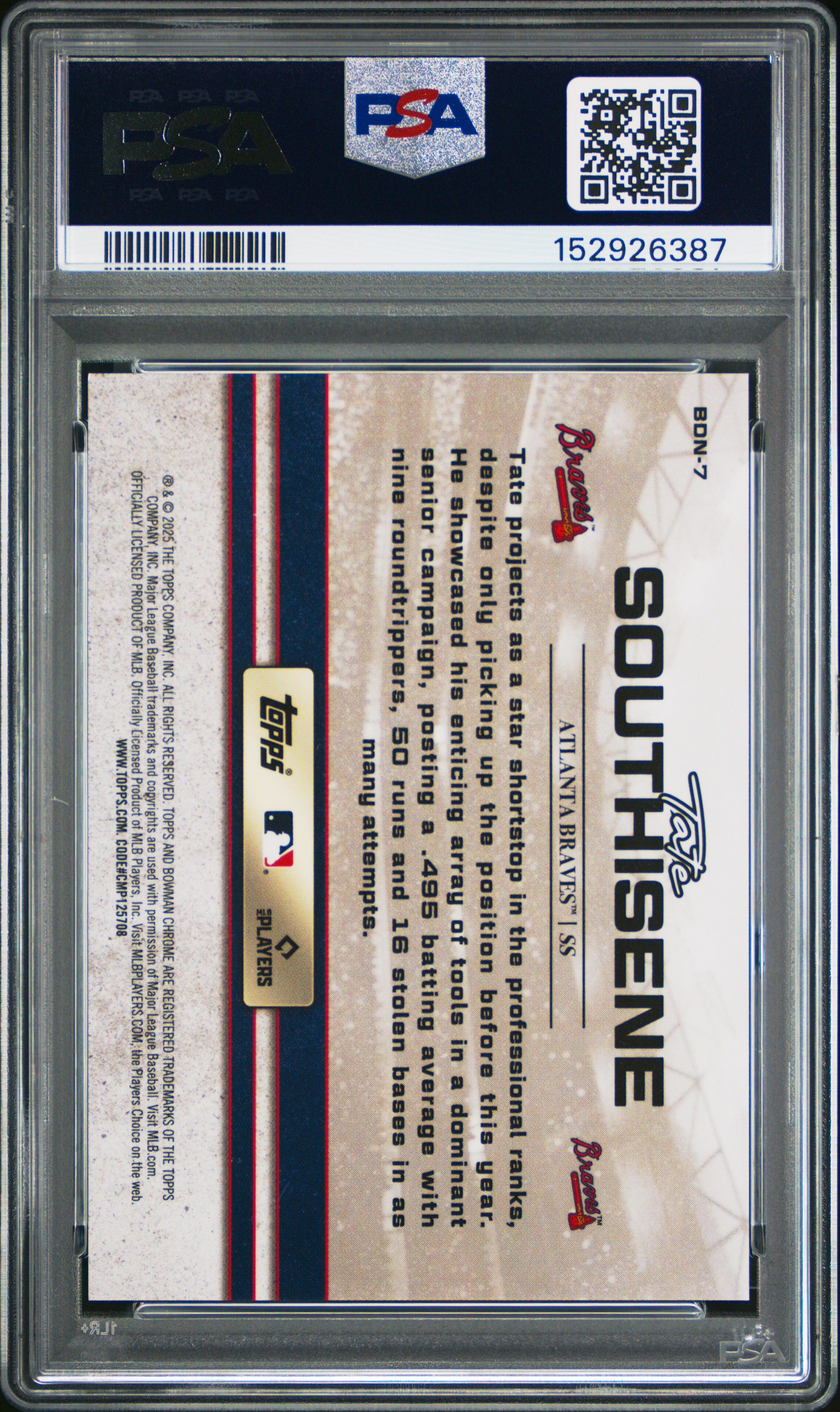Tate Southisene 2025 Bowman Draft  Night #BDN-7 Orange Auto /25 PSA 10
