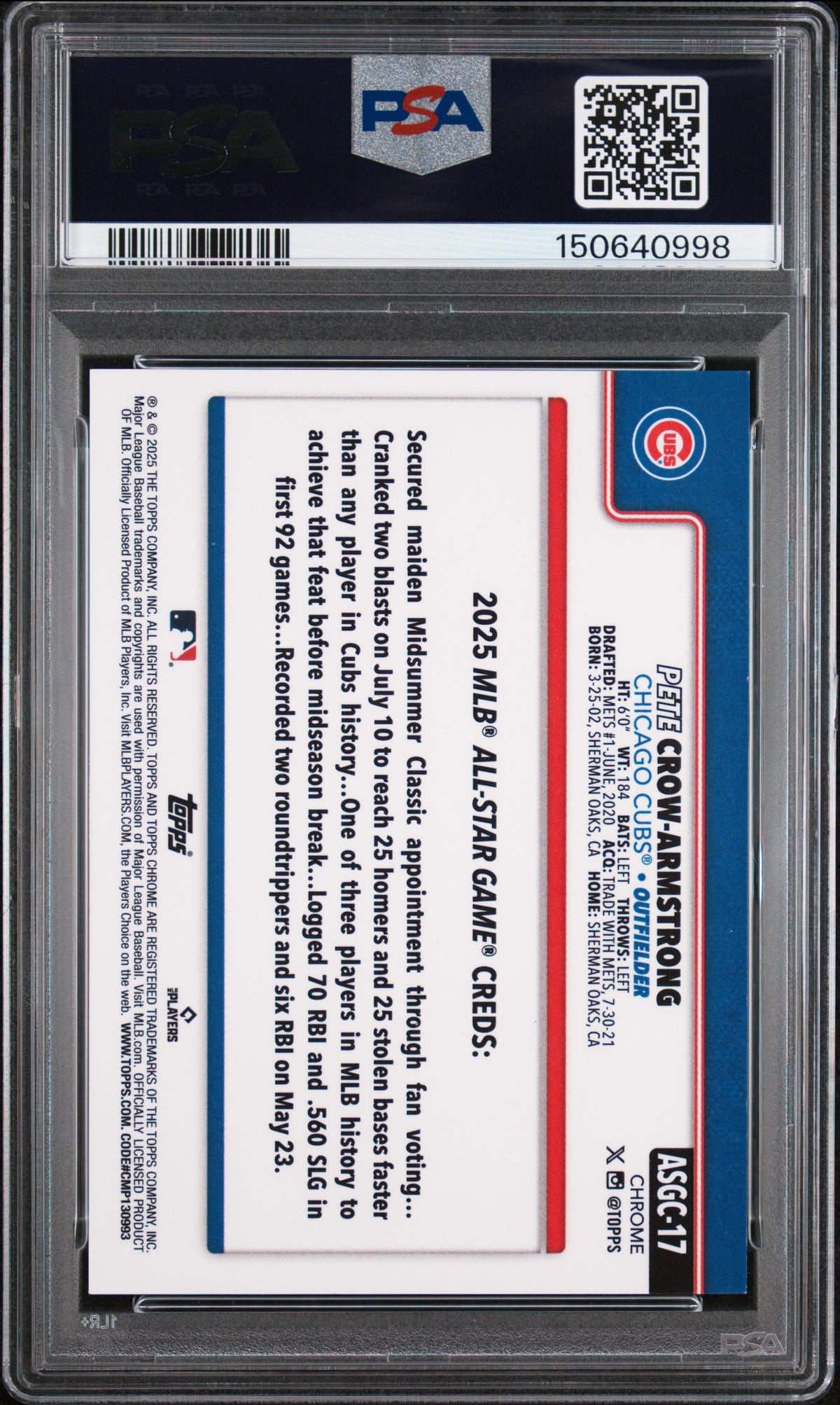Pete Crow-Armstrong 2025 Topps Chrome Update 2025 All Star Game #17 '25 Black Ref /10 PSA 9