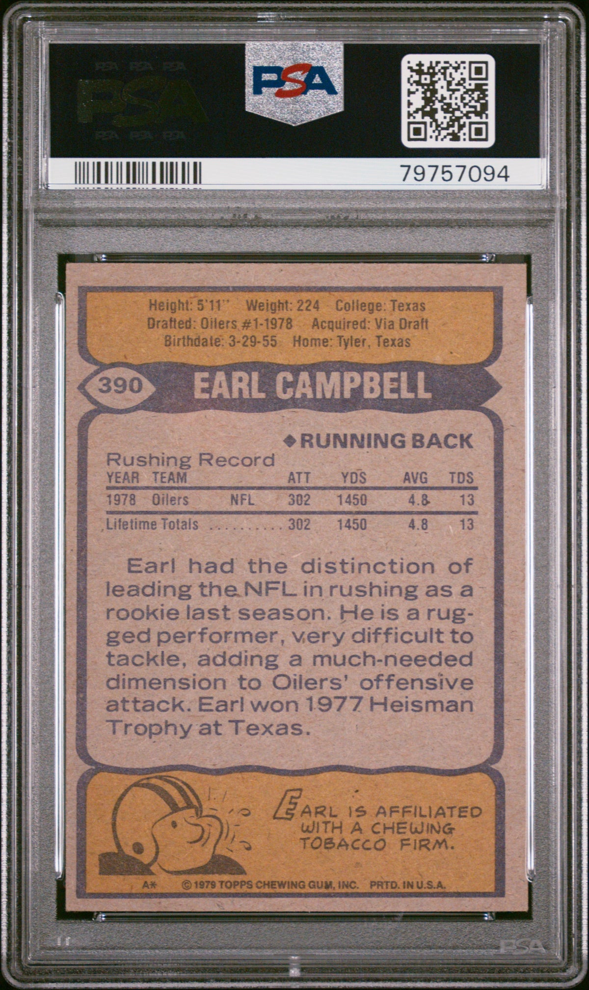 Earl Campbell 1979 Topps #390 PSA 6