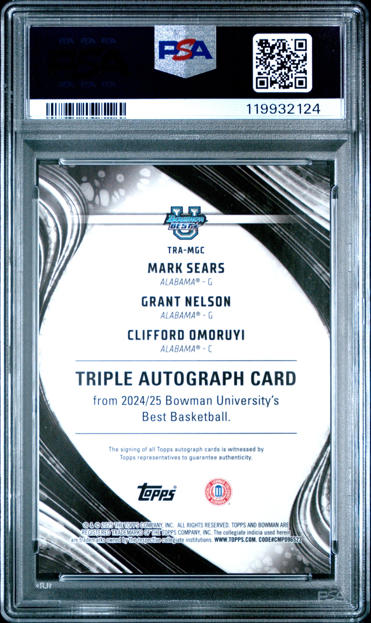 Sears Nelson Omoruyi 2024 Bowman University Best Triple Autographs #TRAMGC Black Refractor /10 PSA 10