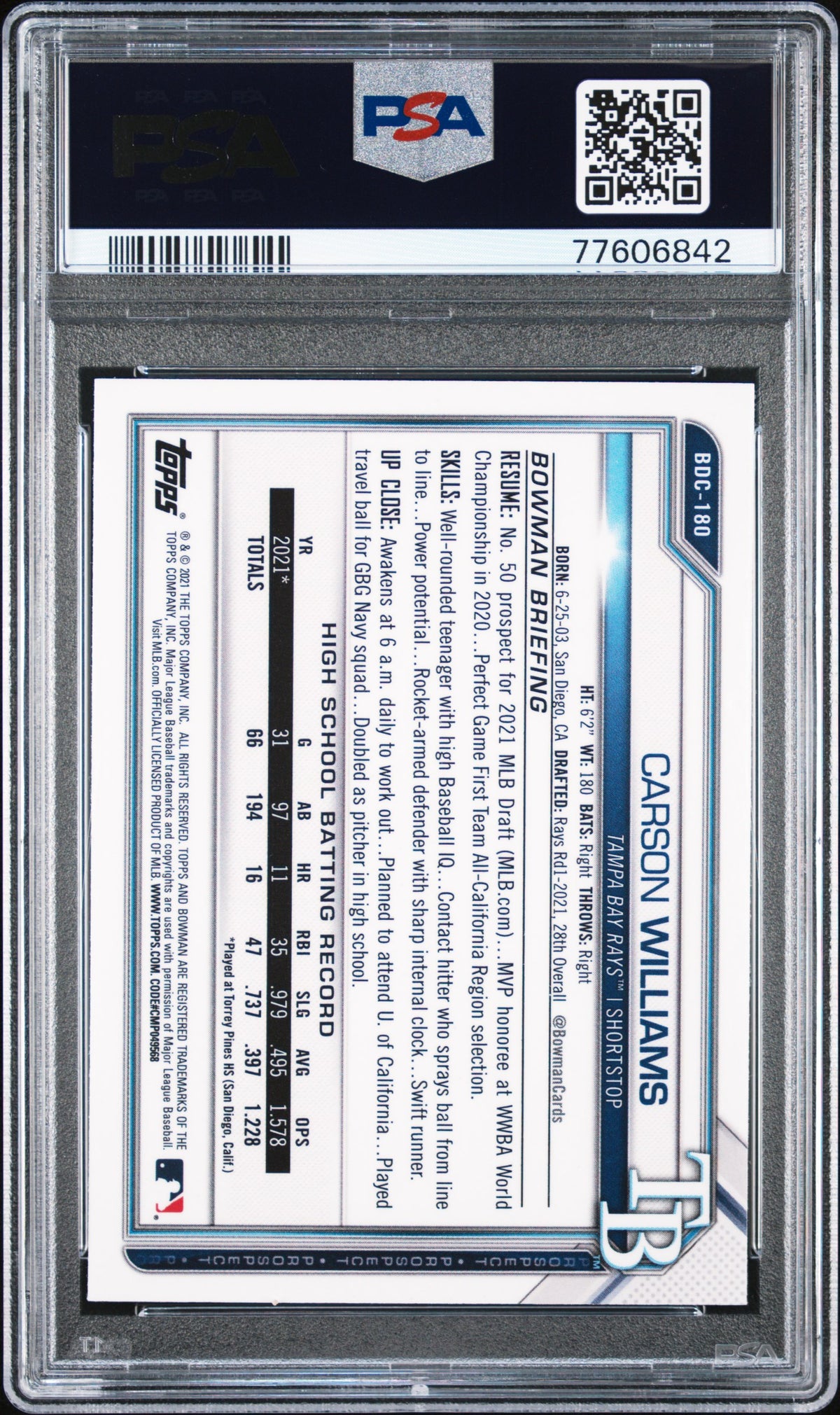 Carson Williams 2021 Bowman Draft #BDC180 Chrome Asia Refractor PSA 10
