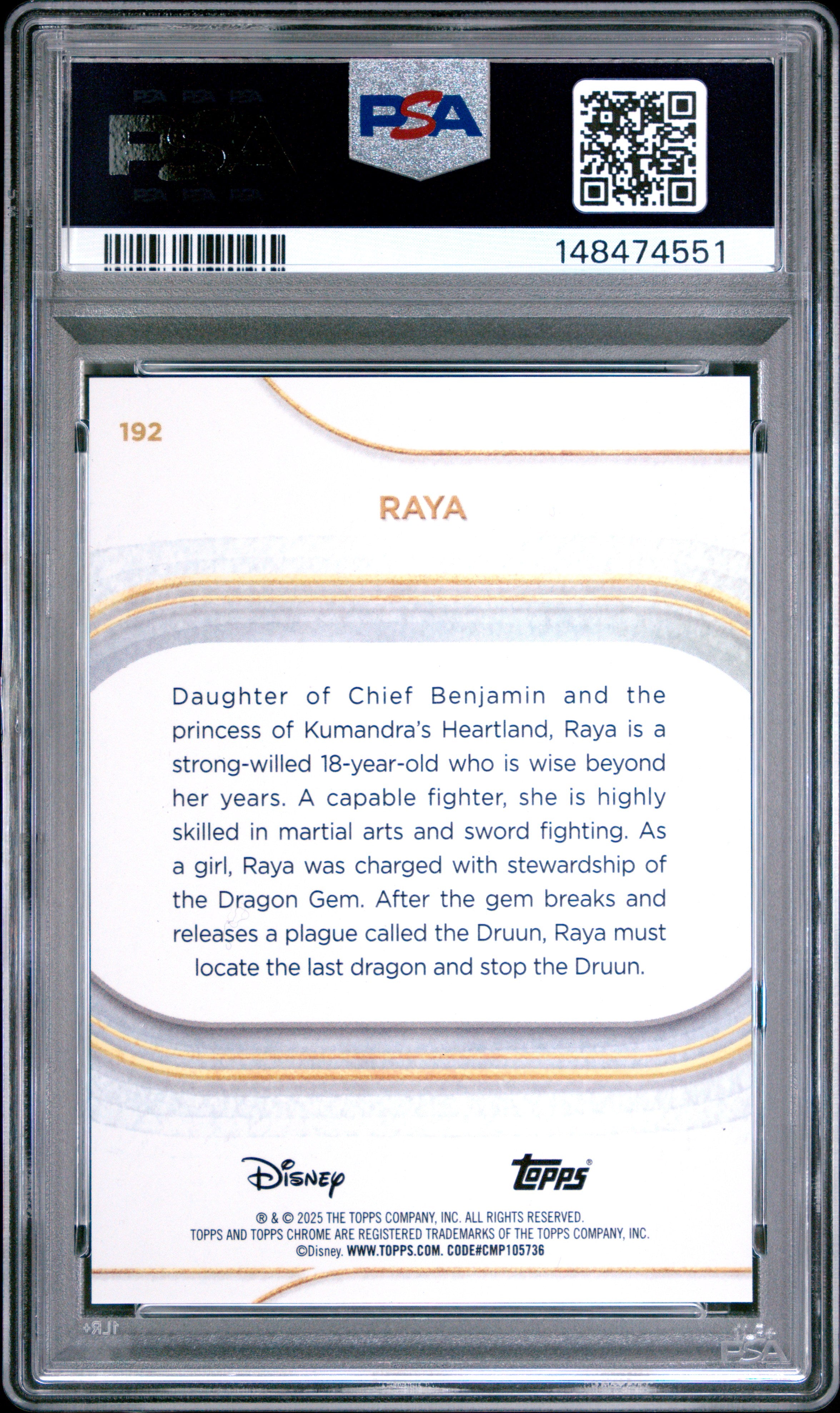 2025 Topps Chrome Disney Raya #192 PSA 10