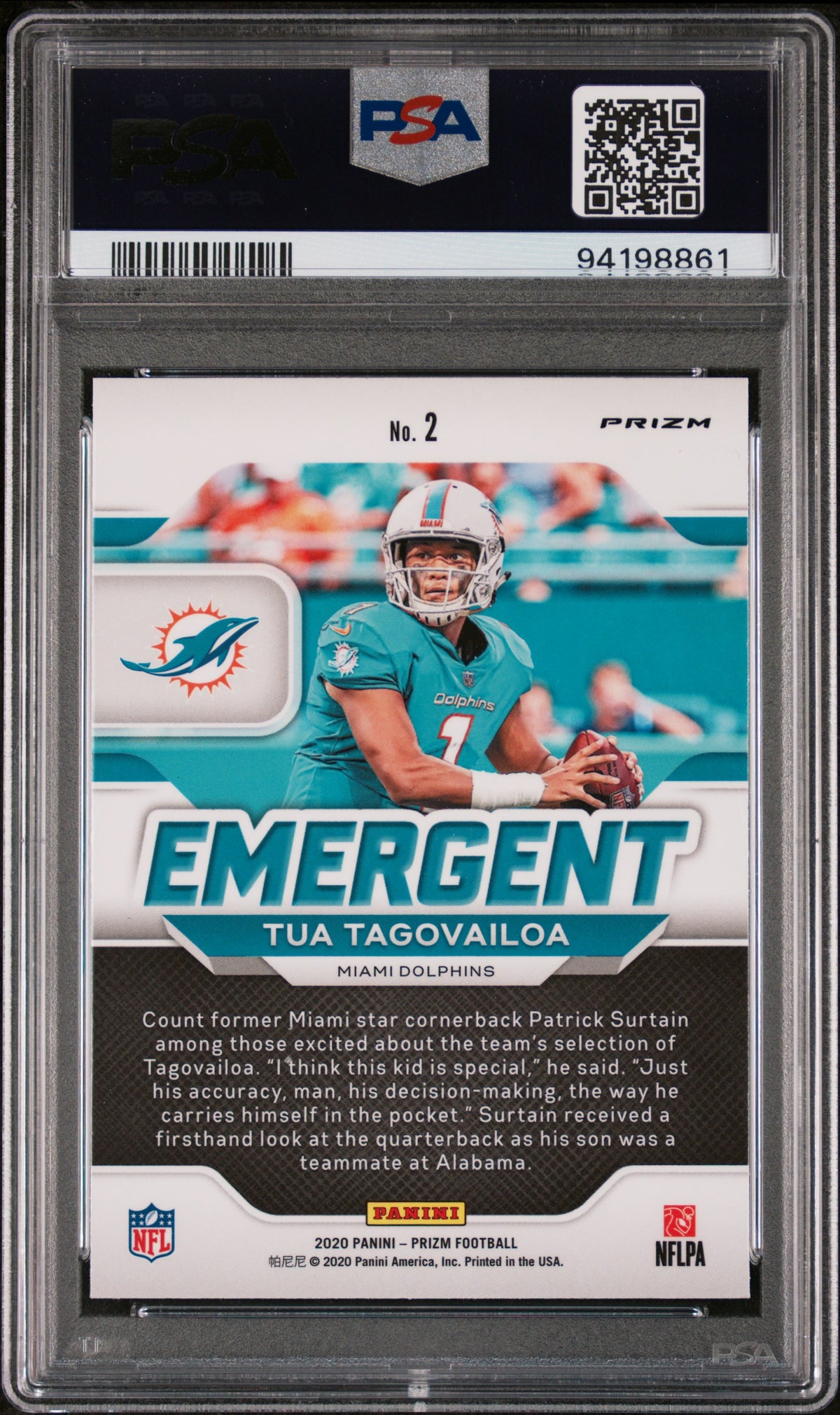 Tua Tagovailoa 2020 Panini Prizm Emergent #2 No Huddle PSA 10