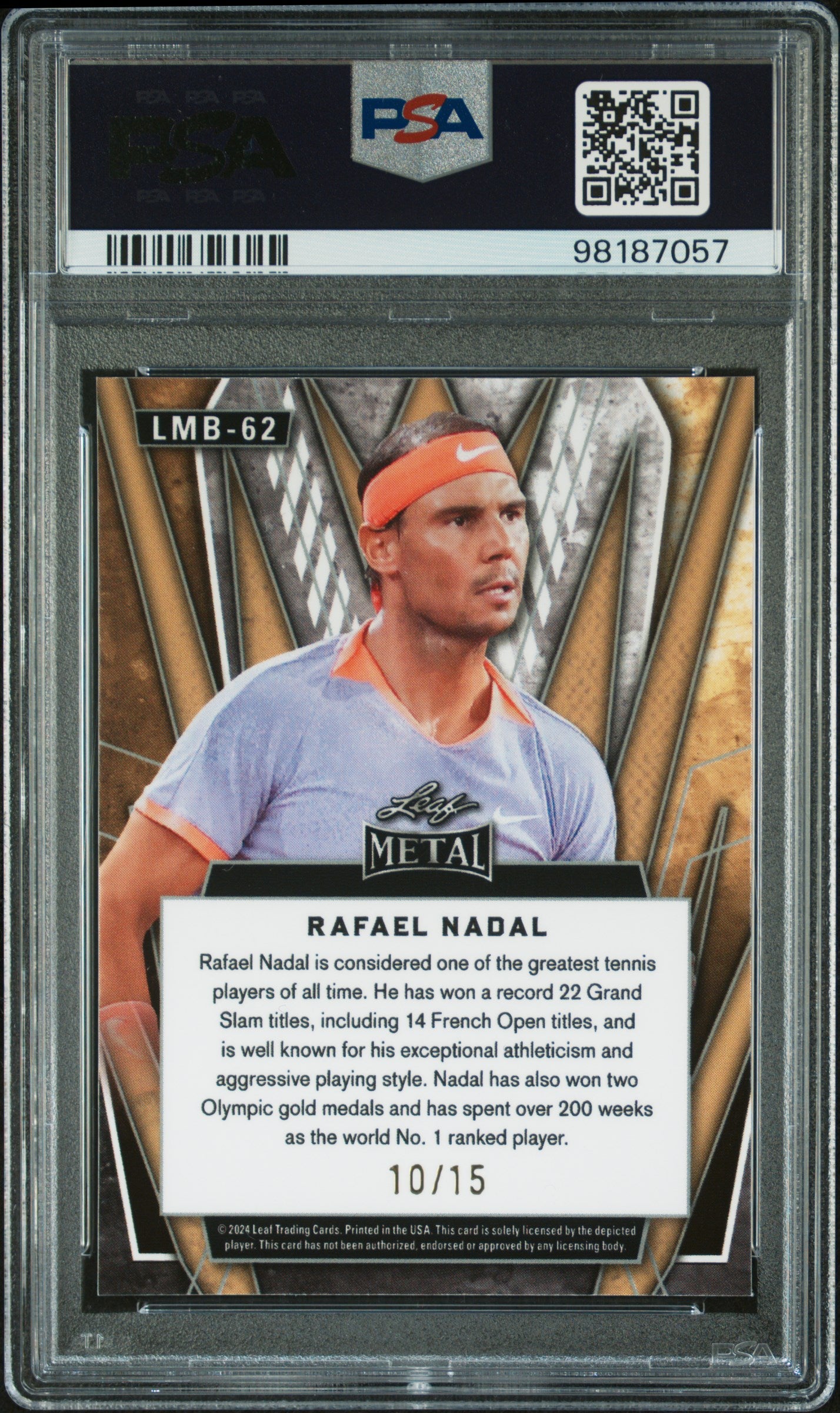 Rafael Nadal 2024 Leaf National Sports Collectors Convention Leaf Metal #LMB62 Blue PSA 9