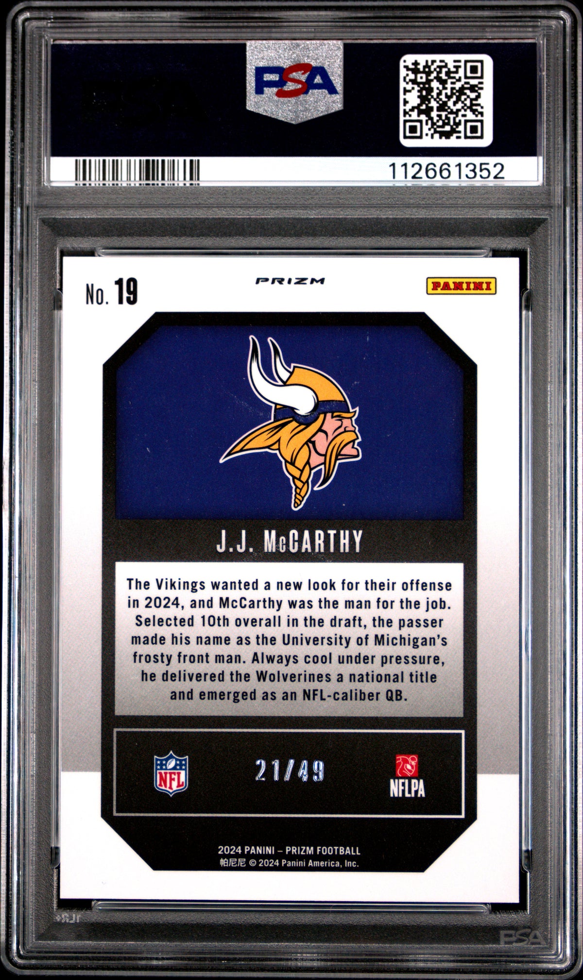 JJ Mccarthy 2024 Panini Prizm Emergent #19 Purple Power PSA 10