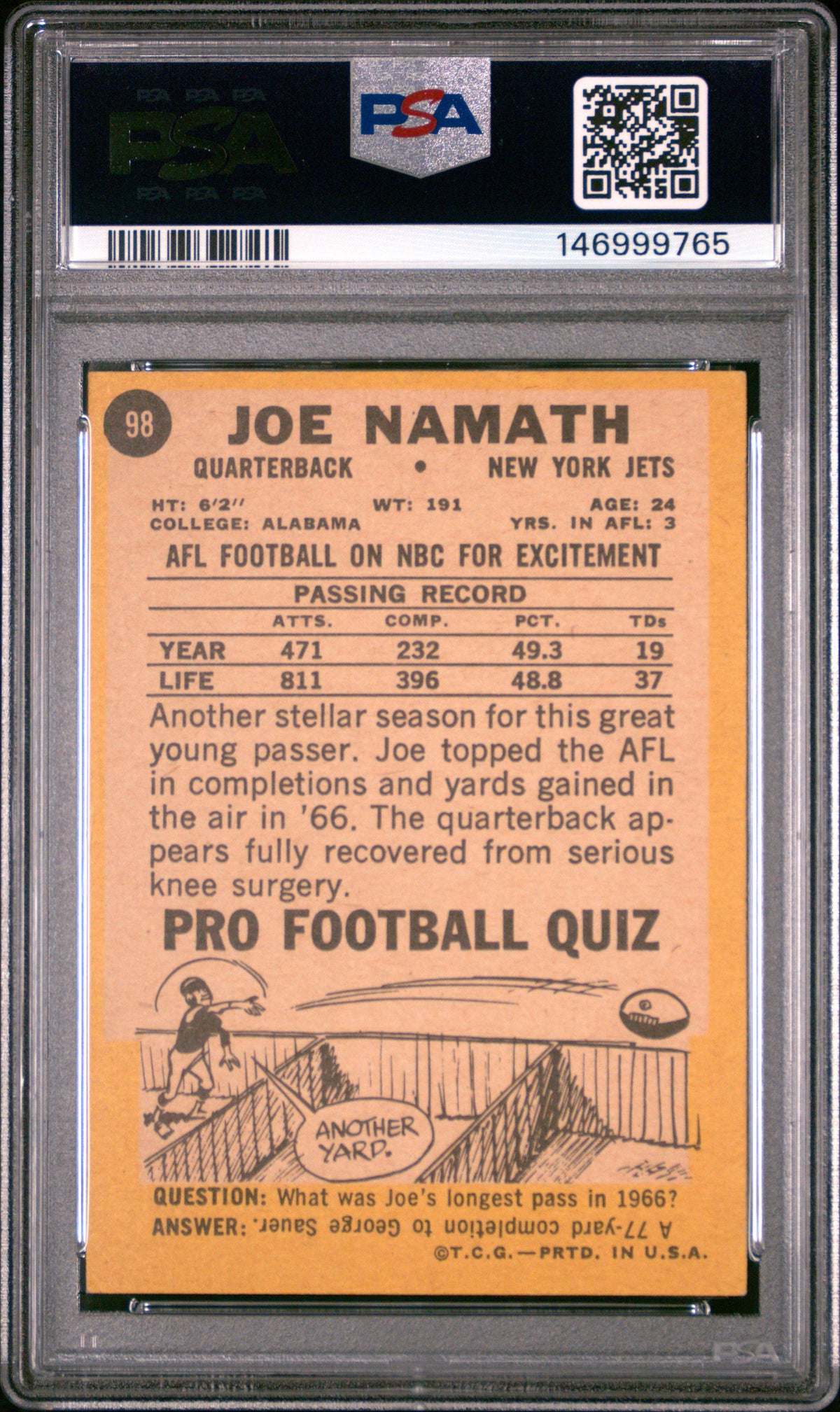 Joe Namath 1967 Topps Milton Bradley #98 PSA 4