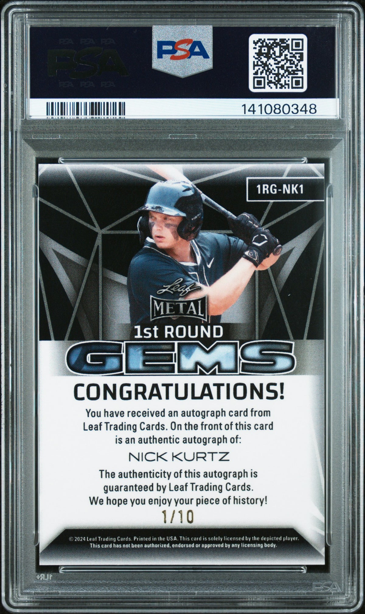 Nick Kurtz 2024 Leaf Metal 1st Round Gems Autographs #1RGNK1 RND GMS Silver Mojo PSA 9