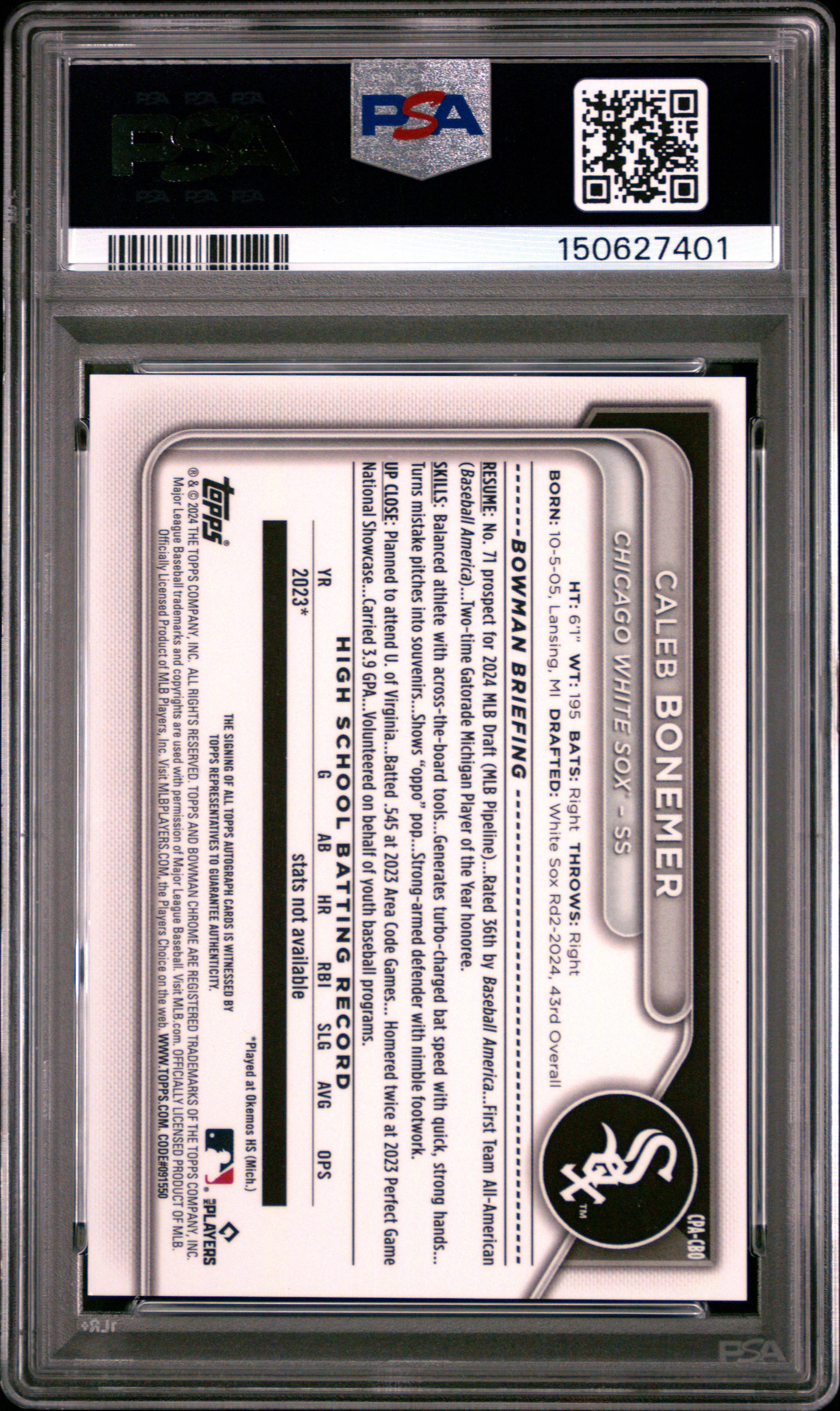 Caleb Bonemer 2024 Bowman Draft Chrome Prospect Autographs #CPACBO Aqua Lava /199 PSA 10