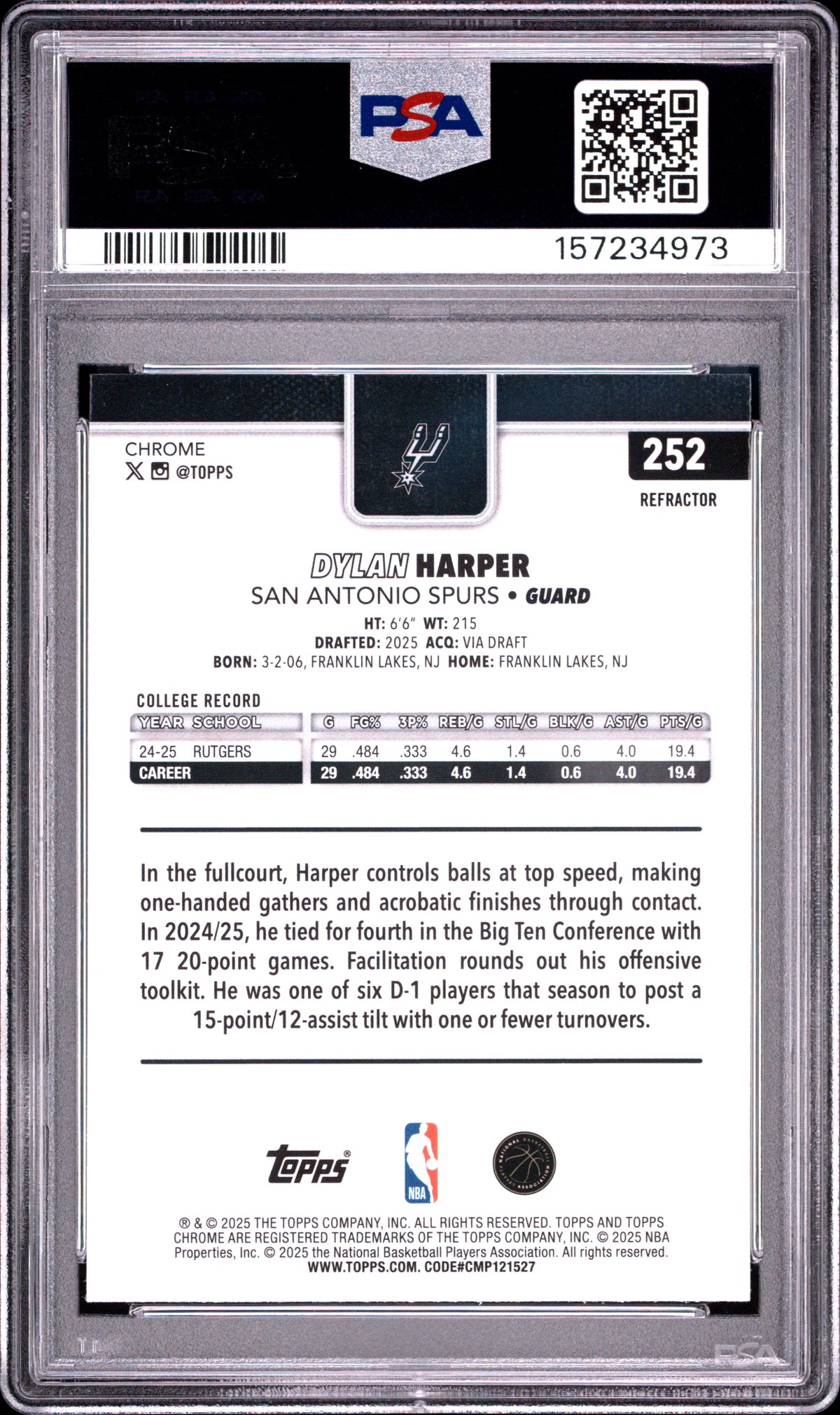 Dylan Harper 2025 Topps Chrome #252 Refractor PSA 10