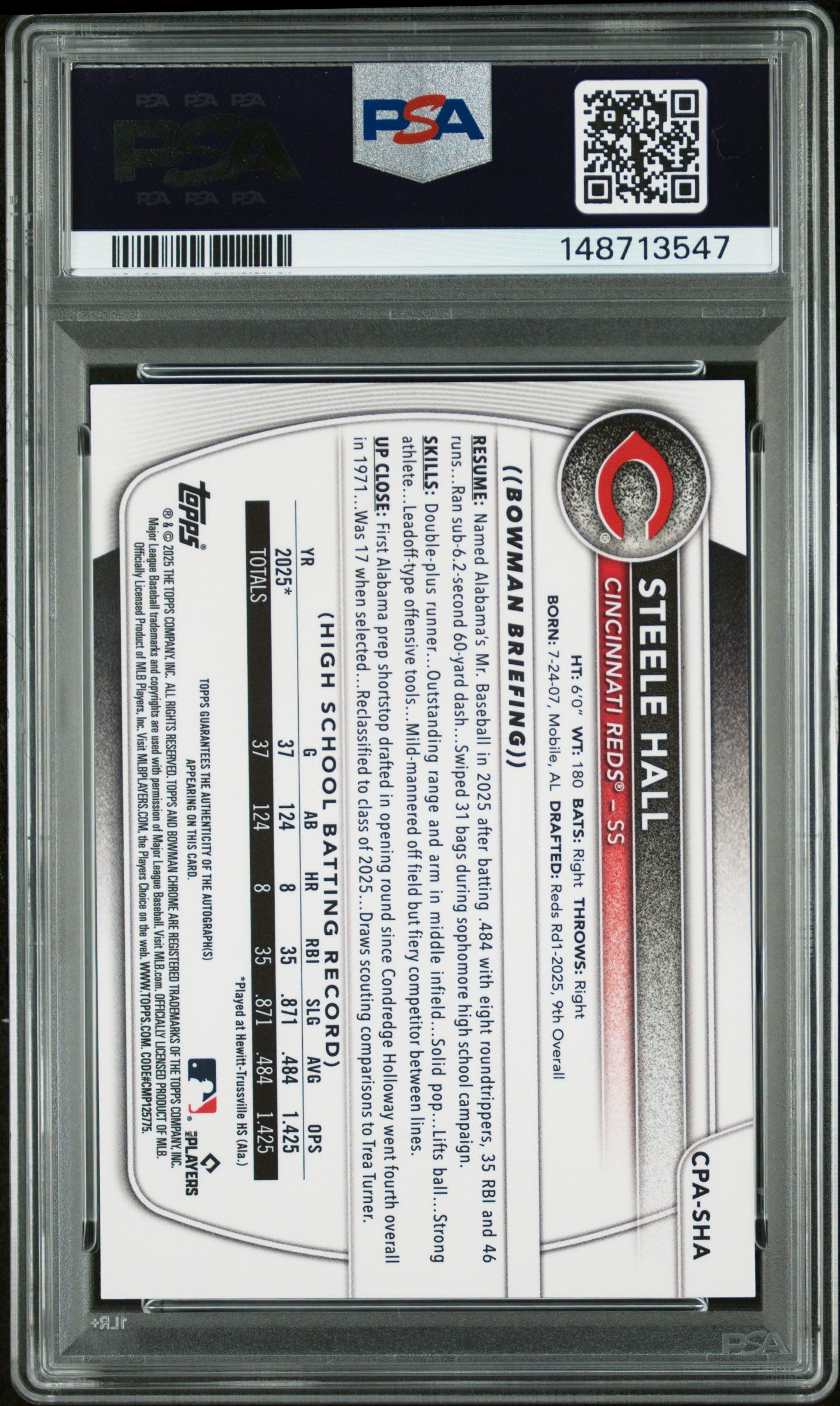 Steele Hall 2025 Bowman Draft Chrome 1st Auto #CPA-SHA Blue Wave /150 PSA 9