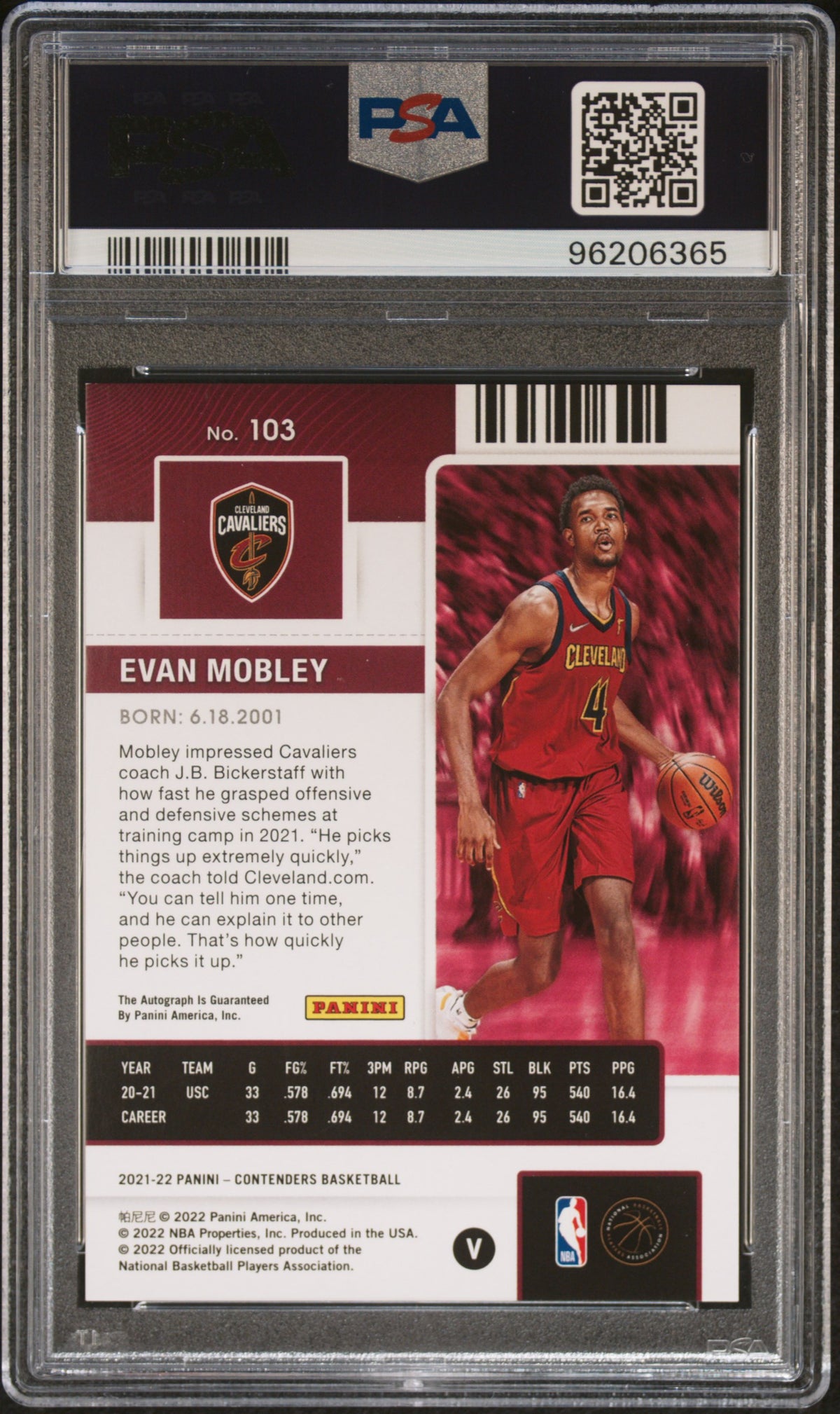Evan Mobley 2021 Panini Contenders #103 Var Auto The Finals /49 PSA 9