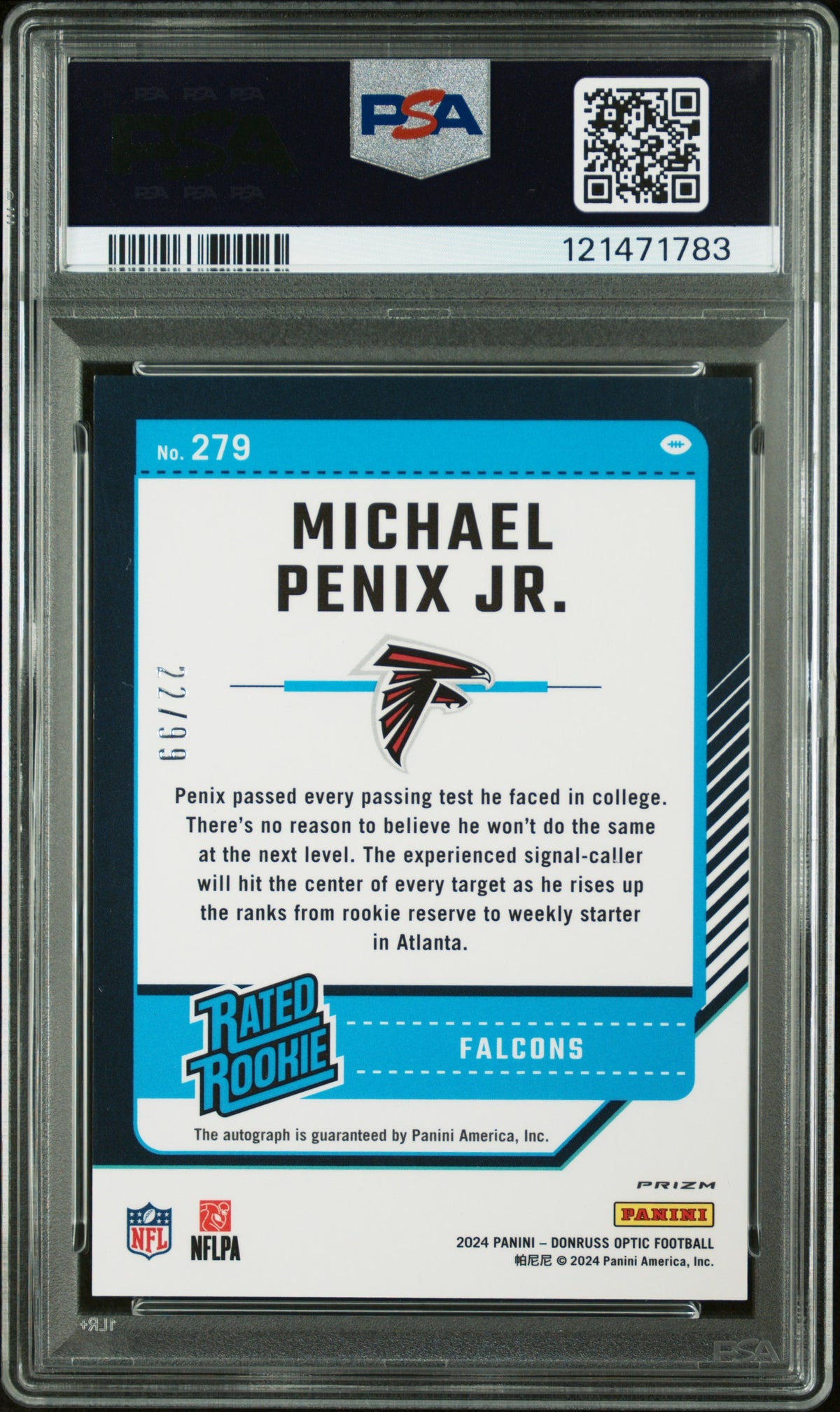 Michael Penix JR. 2024 Panini Donruss Optic #279 Autograph Blue PSA A Auto 10
