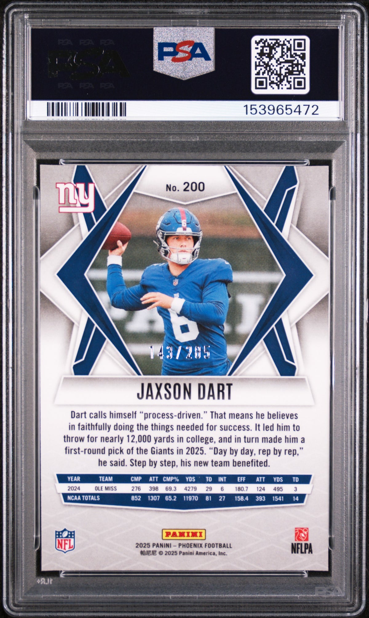 Jaxson Dart 2025 Panini Phoenix #200 Lime Green Pyramids PSA 10