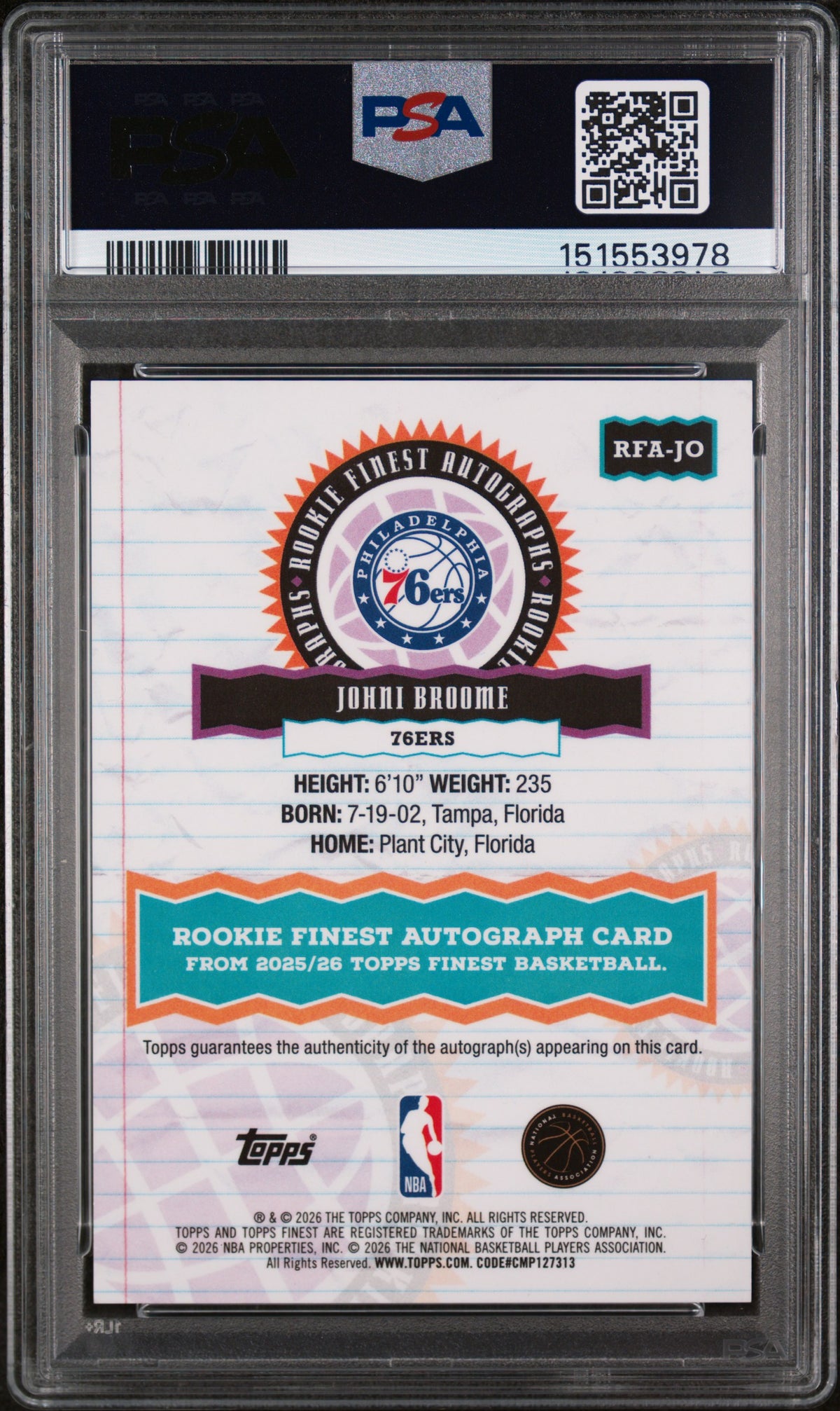 Johni Broome 2025 Topps Finest Rookie Finest Autographs #RFA-JO RK Red Refractor /5 PSA 9