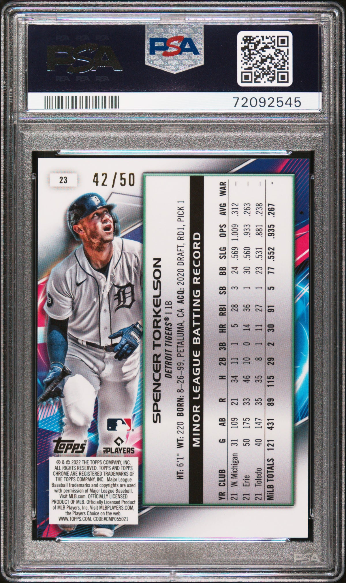 Spencer Torkelson 2022 Topps Cosmic Chrome #23 Gold Interstellar PSA 10