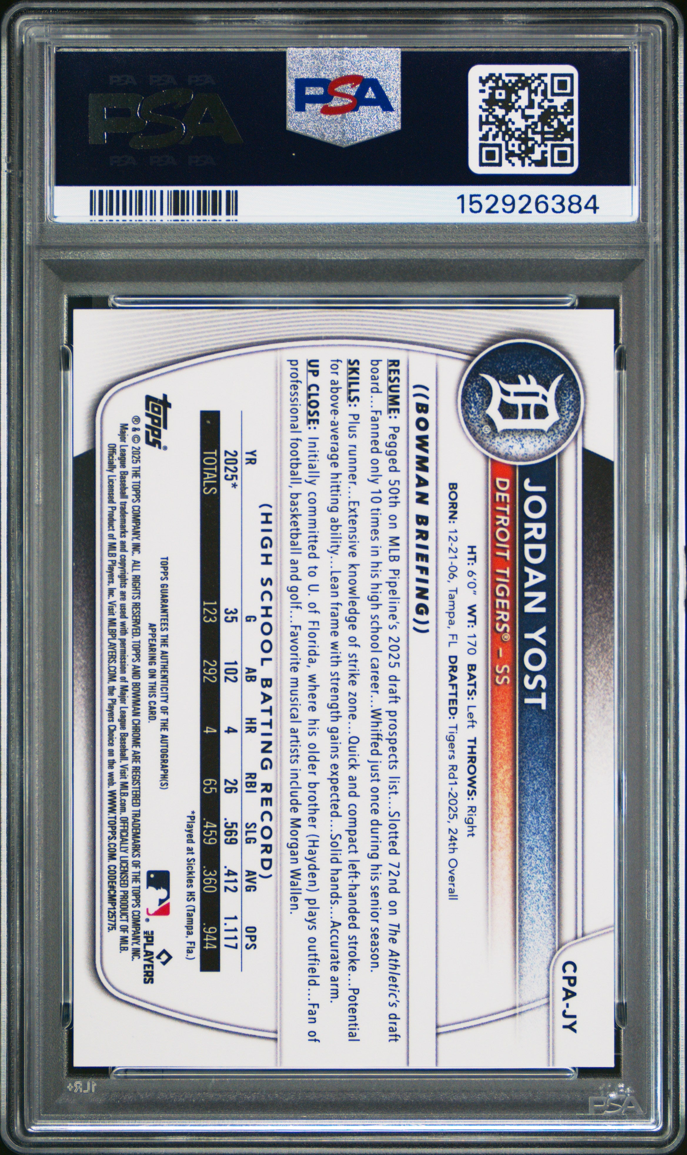 Jordan Yost 2025 Bowman Draft Chrome Prospect 1st Auto #CPA-JY PSA 9