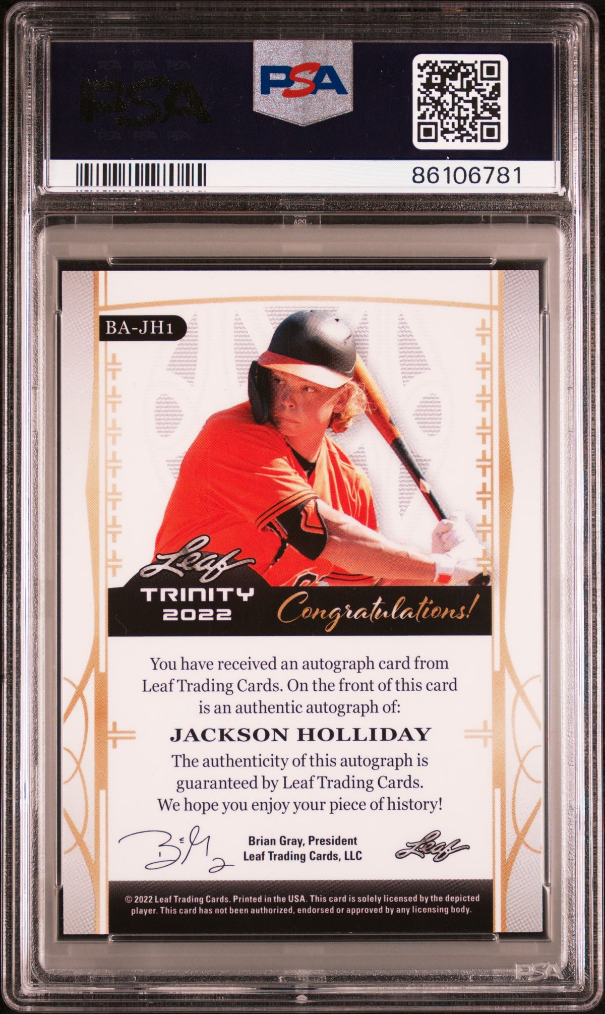 Jackson Holliday 2022 Leaf Trinity Autograph #BAJH1 Gold Foil /50 PSA 10