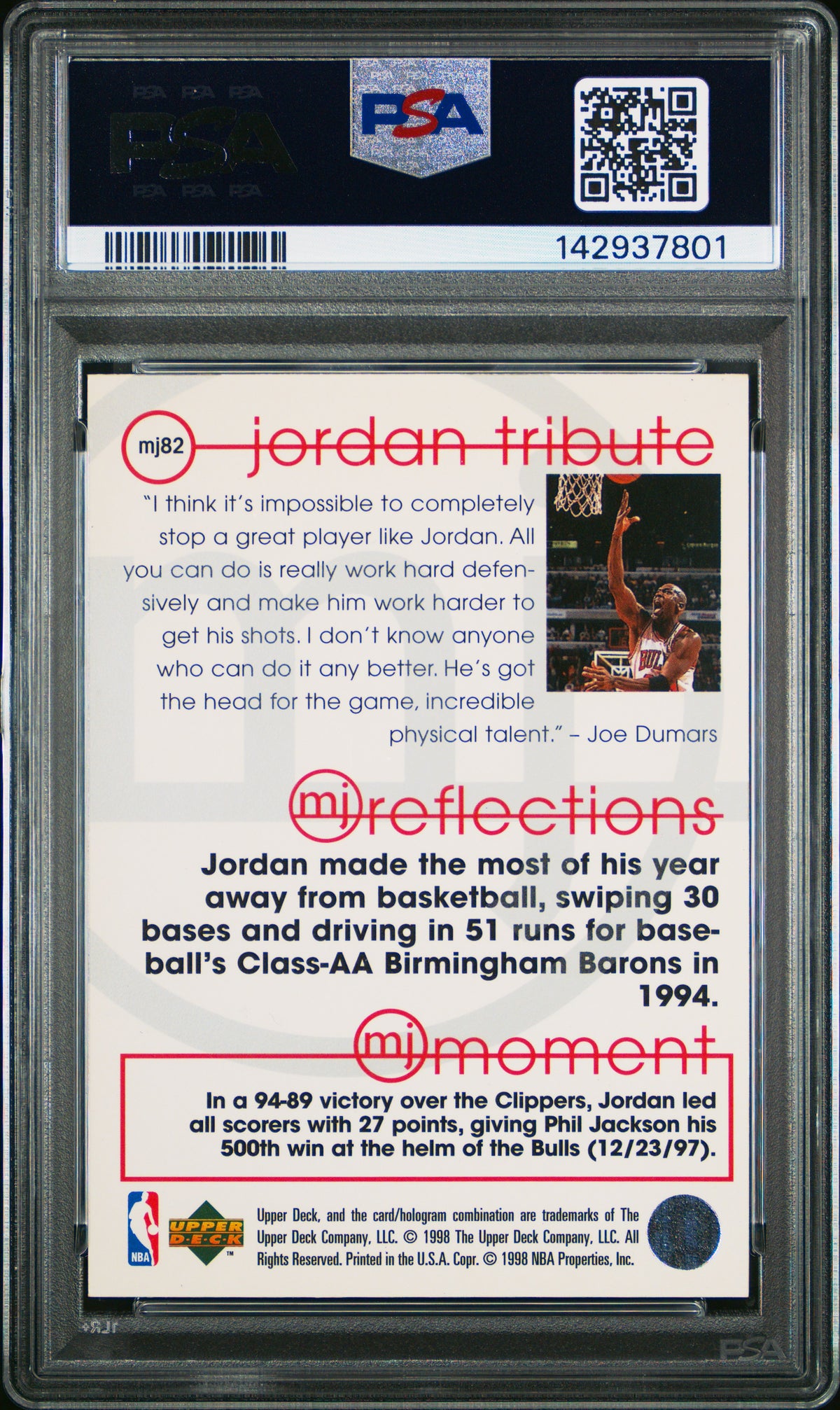 Michael Jordan 1998 Upper Deck Jordan Tribute #MJ82 MJ Reflections PSA 10