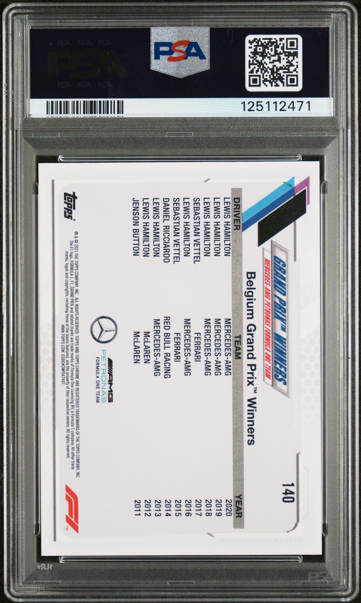 Lewis Hamilton 2021 Topps Chrome Formula 1 #140 Purple Green Refractor PSA 9
