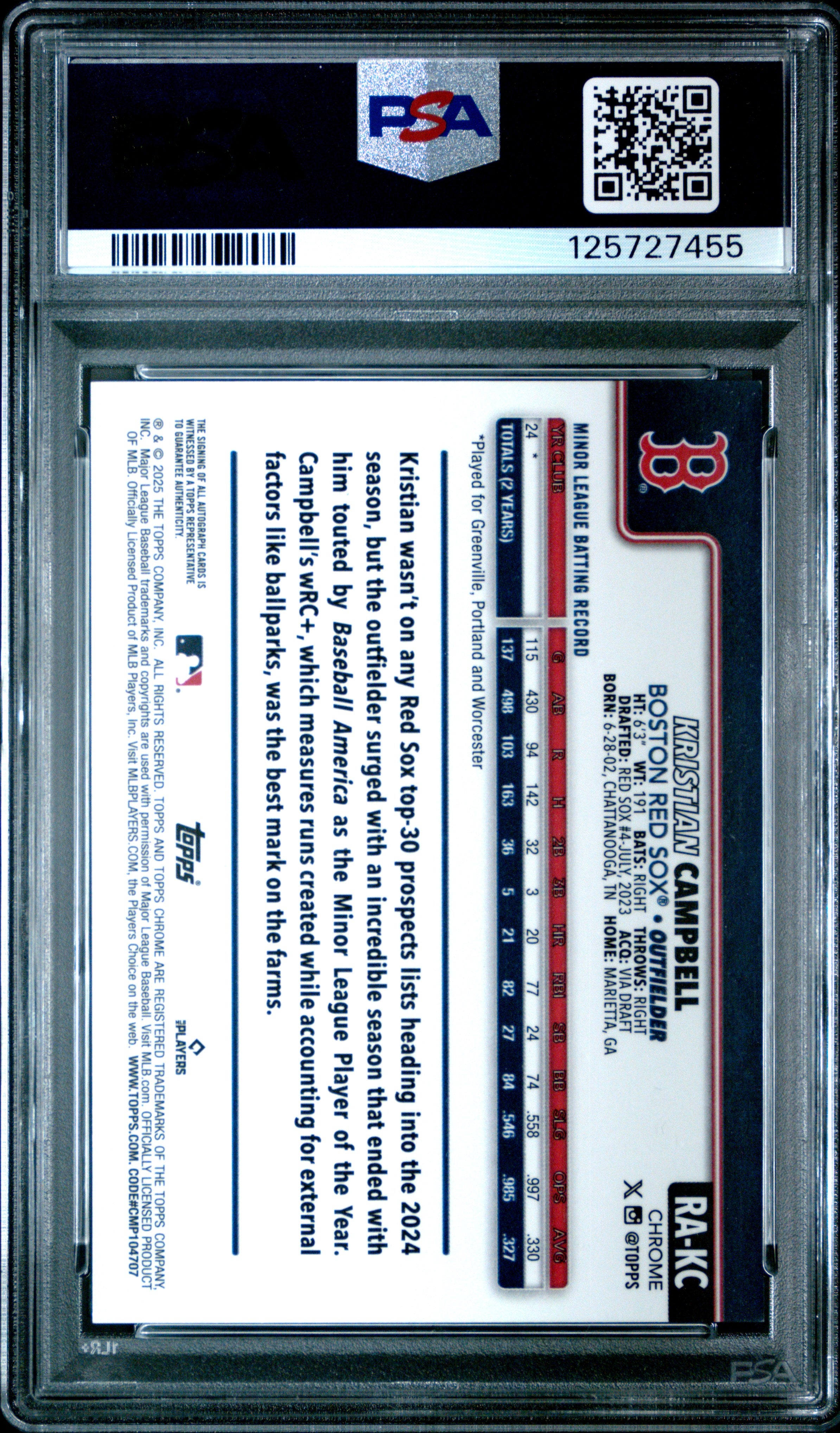 Kristian Campbell 2025 Topps Chrome Rookie Autographs #RAKC Gold Wave PSA 9