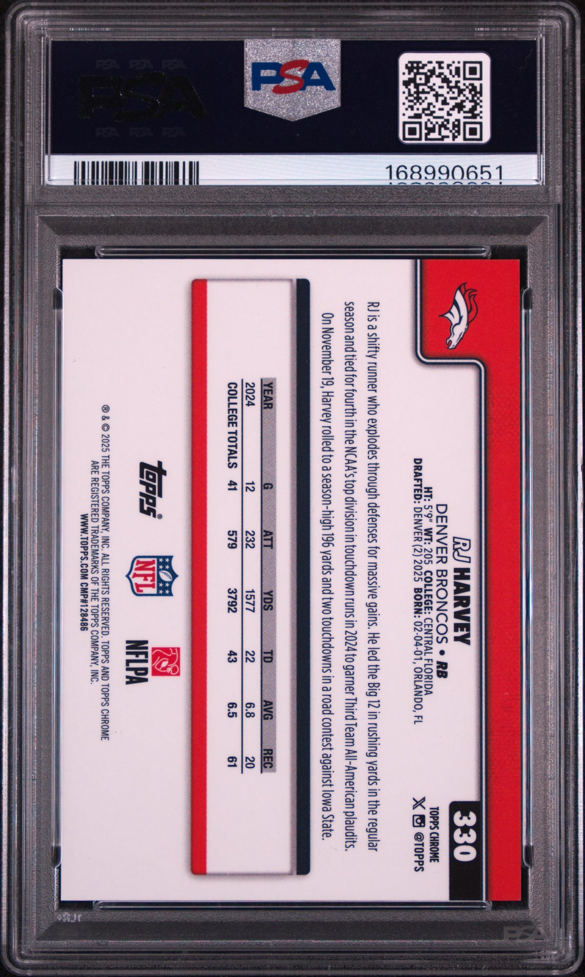 RJ Harvey 2025 Topps Chrome #330 Variation Molten Mercury /6 PSA 9