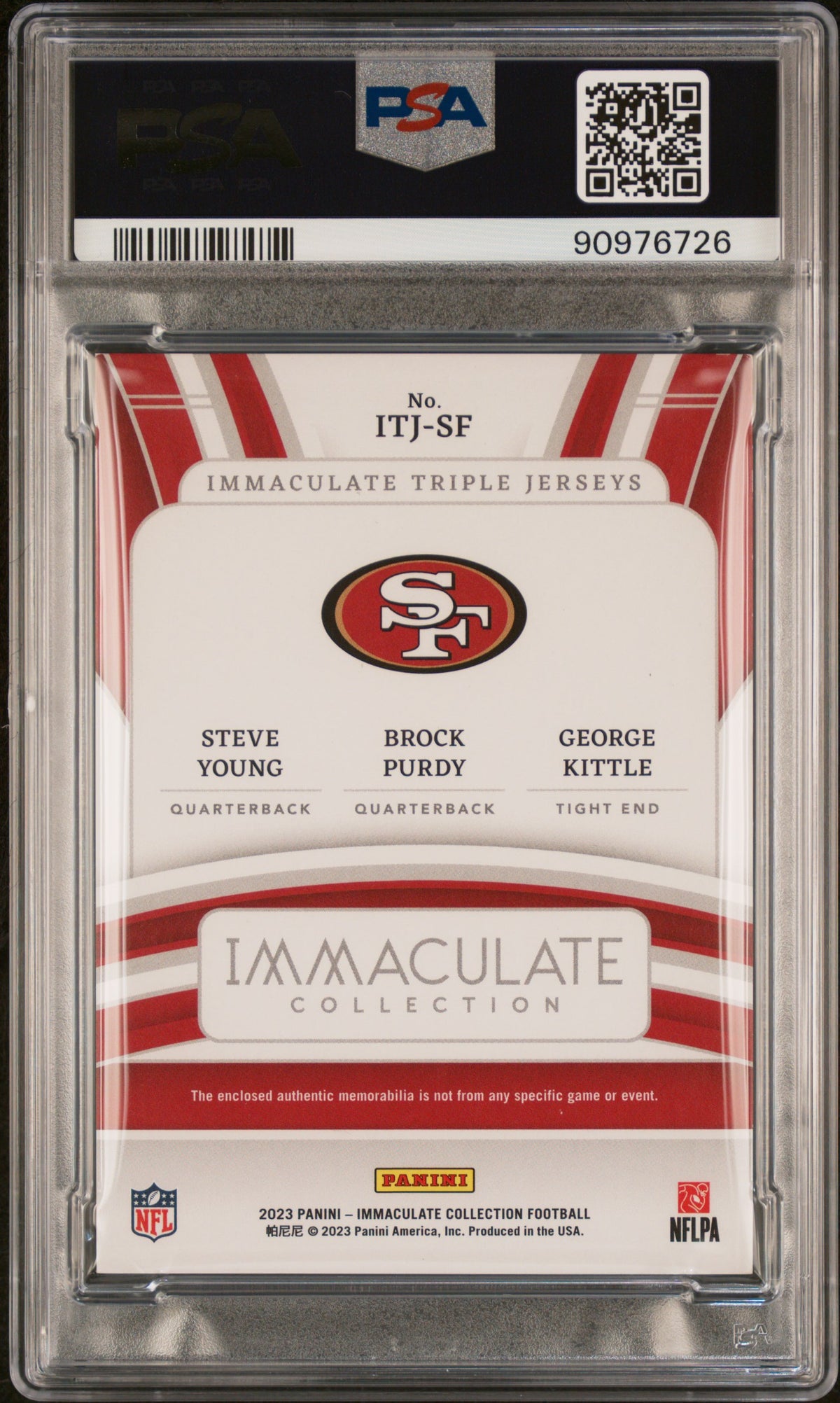 Young Kittle Purdy 2023 Panini Immaculate Collection Immaculate Triple Jerseys #ITJSF TPL Prime Platinum PSA 9
