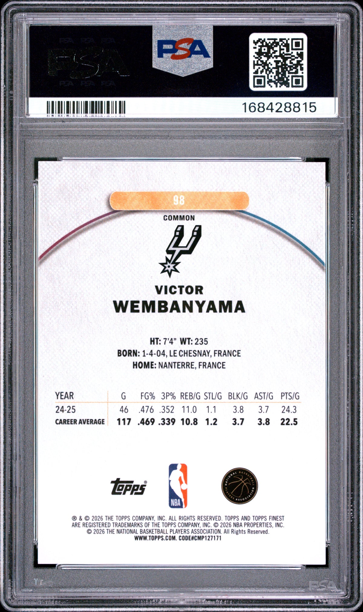 Victor Wembanyama 2025 Topps Finest #98 Blue Geometric /75 PSA 10