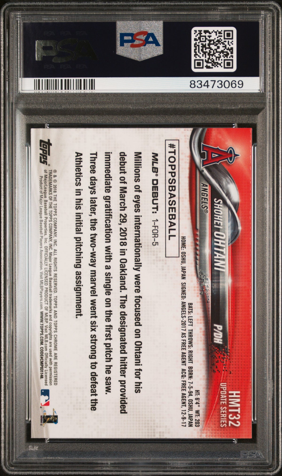 Shohei Ohtani 2018 Topps Chrome Update #HMT32 PSA 10