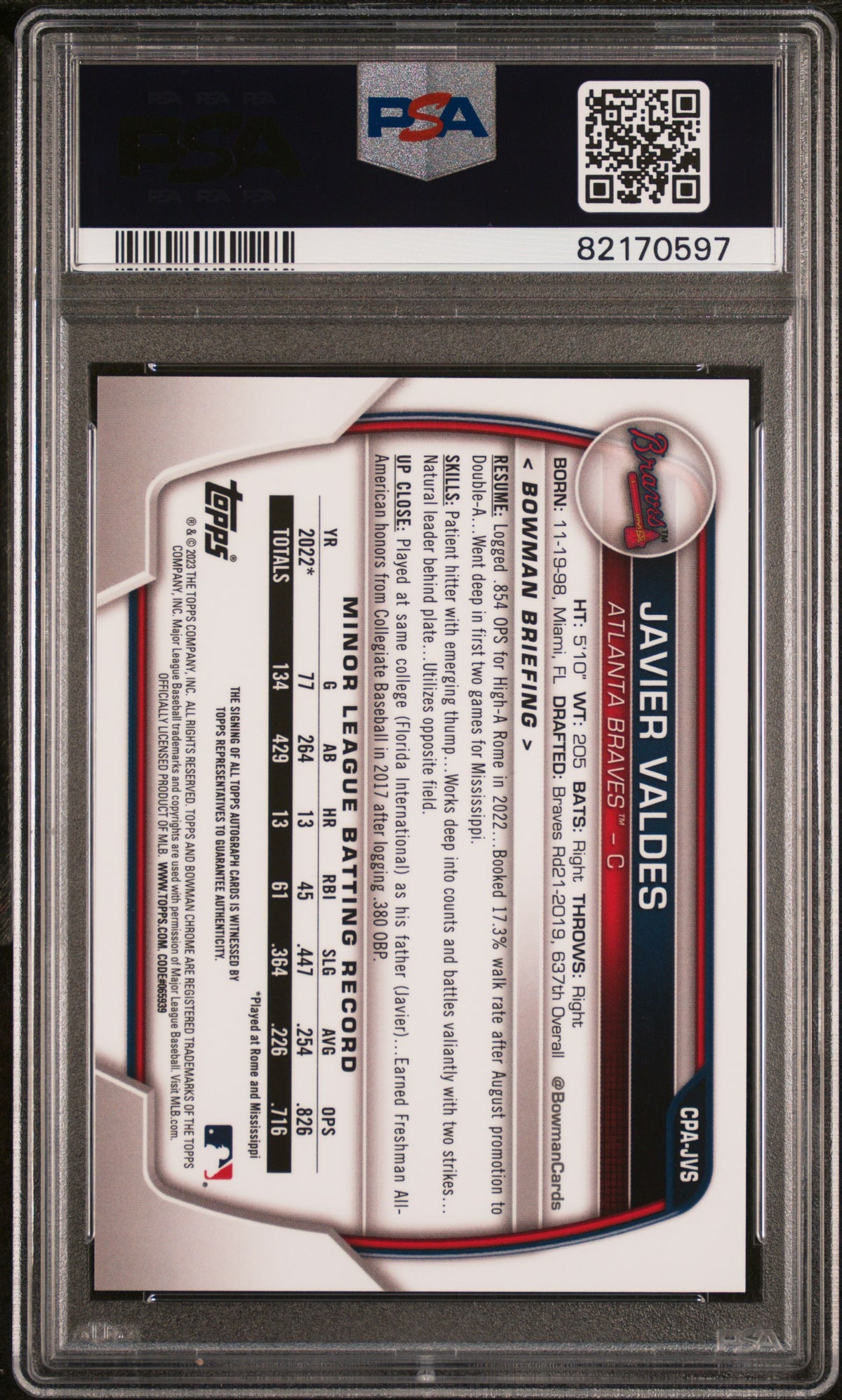 Javier Valdes 2023 Bowman Chrome Prospect Autographs #CPAJVS PSA 10