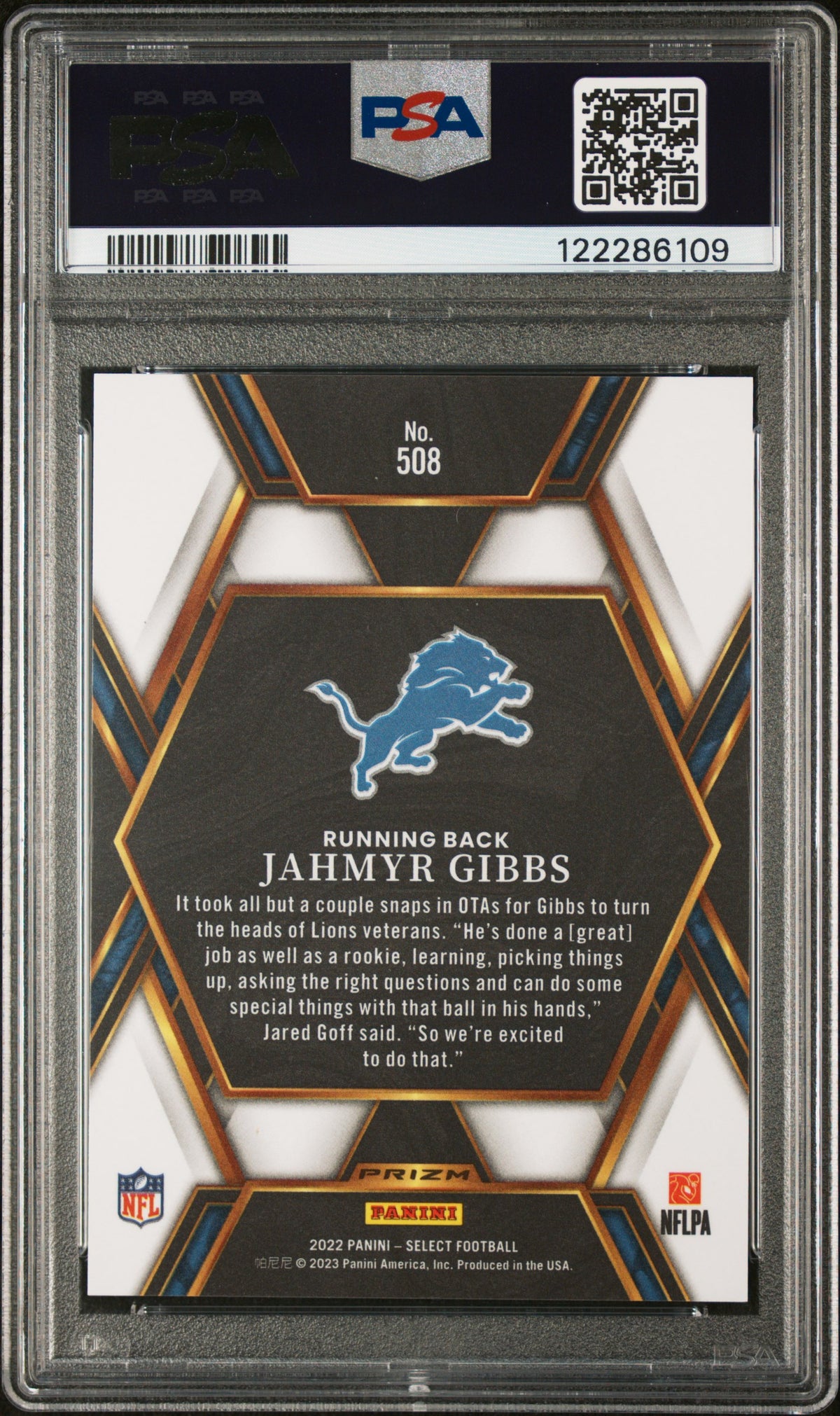 Jahmyr Gibbs 2022 Panini Select #508 PSA 10