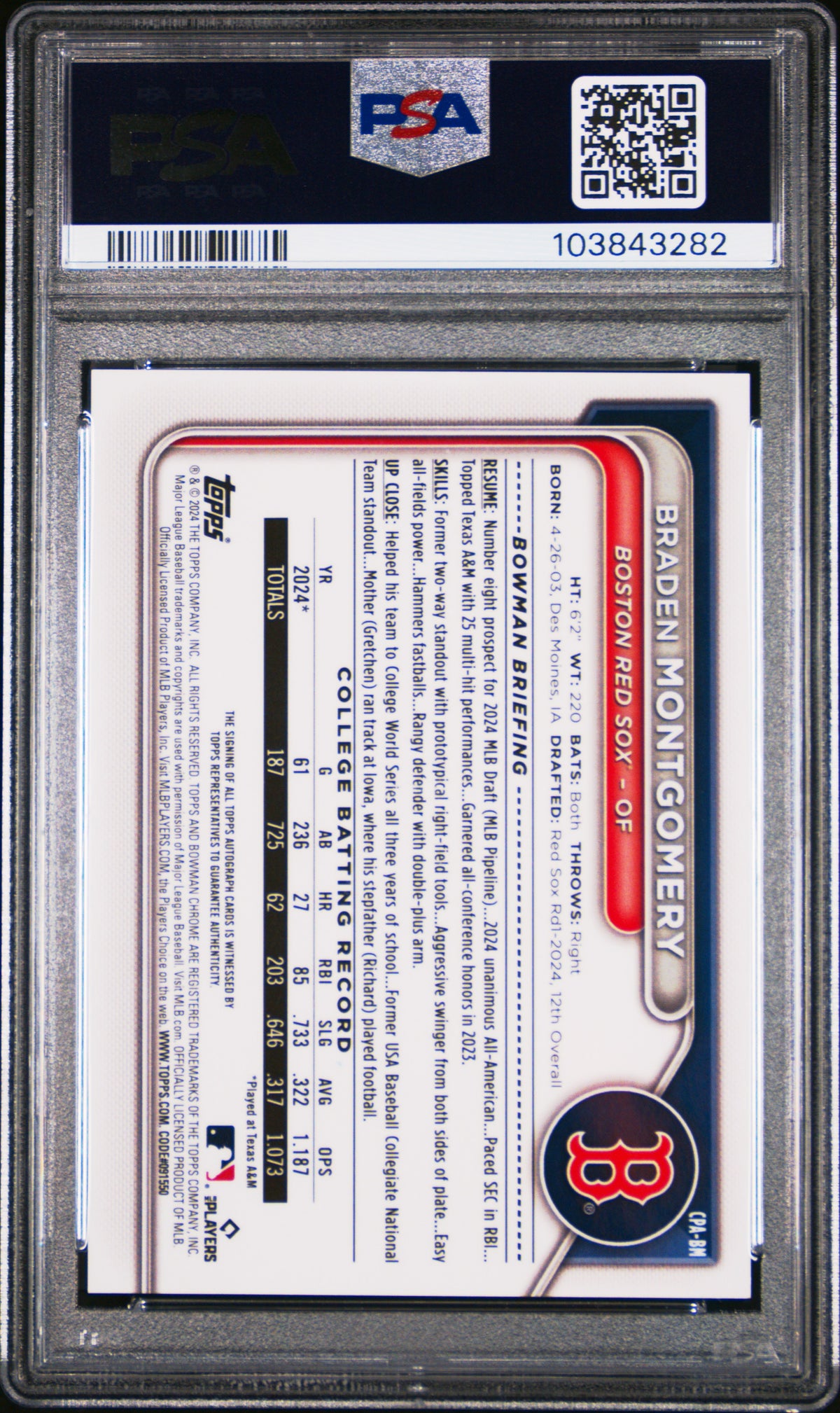 Braden Montgomery 2024 Bowman Draft Chrome Prospect Autographs #CPABM PSA 10