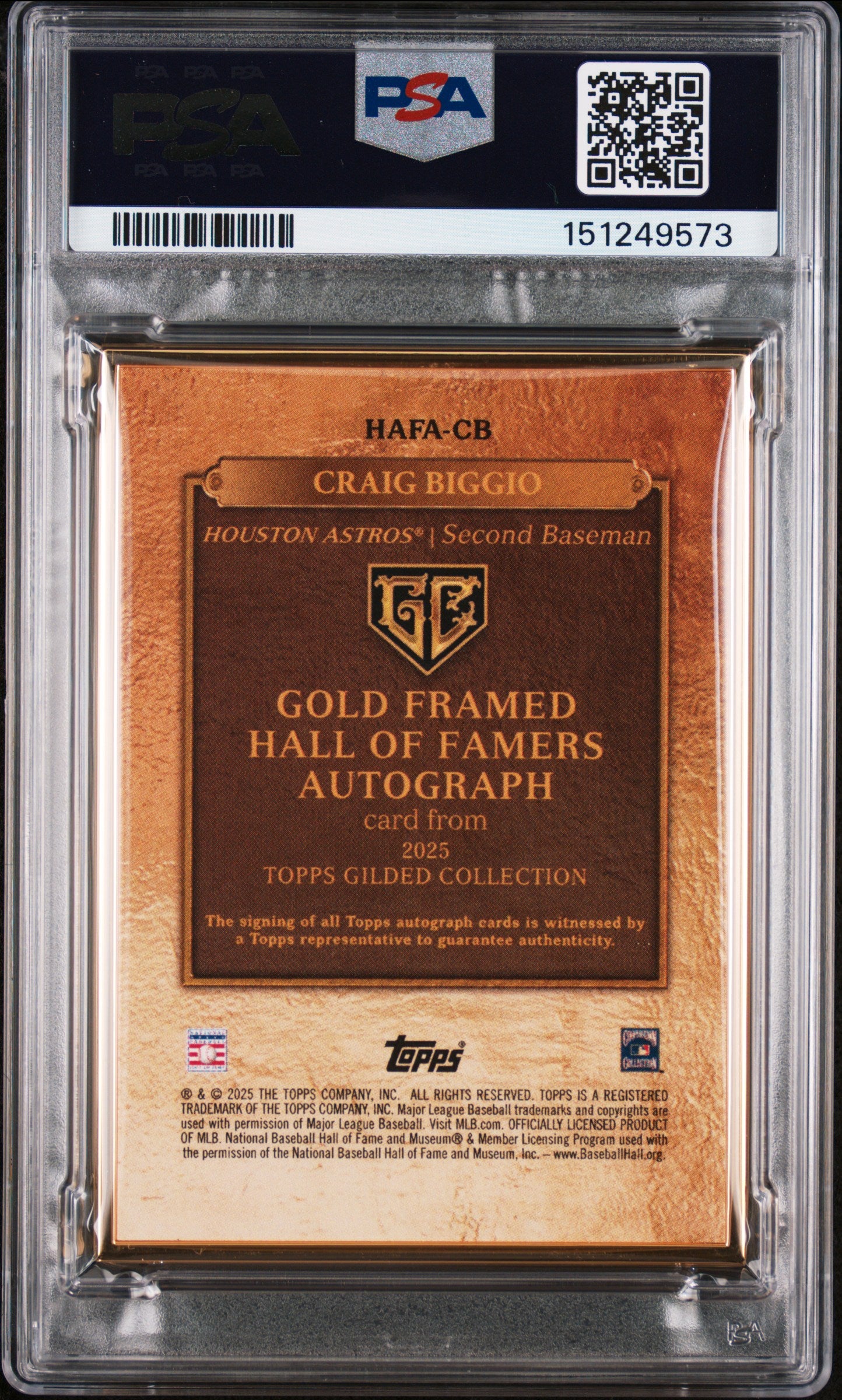 Craig Biggio 2025 Topps Gilded Collection Gold Framed Hall Of Fame Autographs #HAFA-CB /99 PSA 9