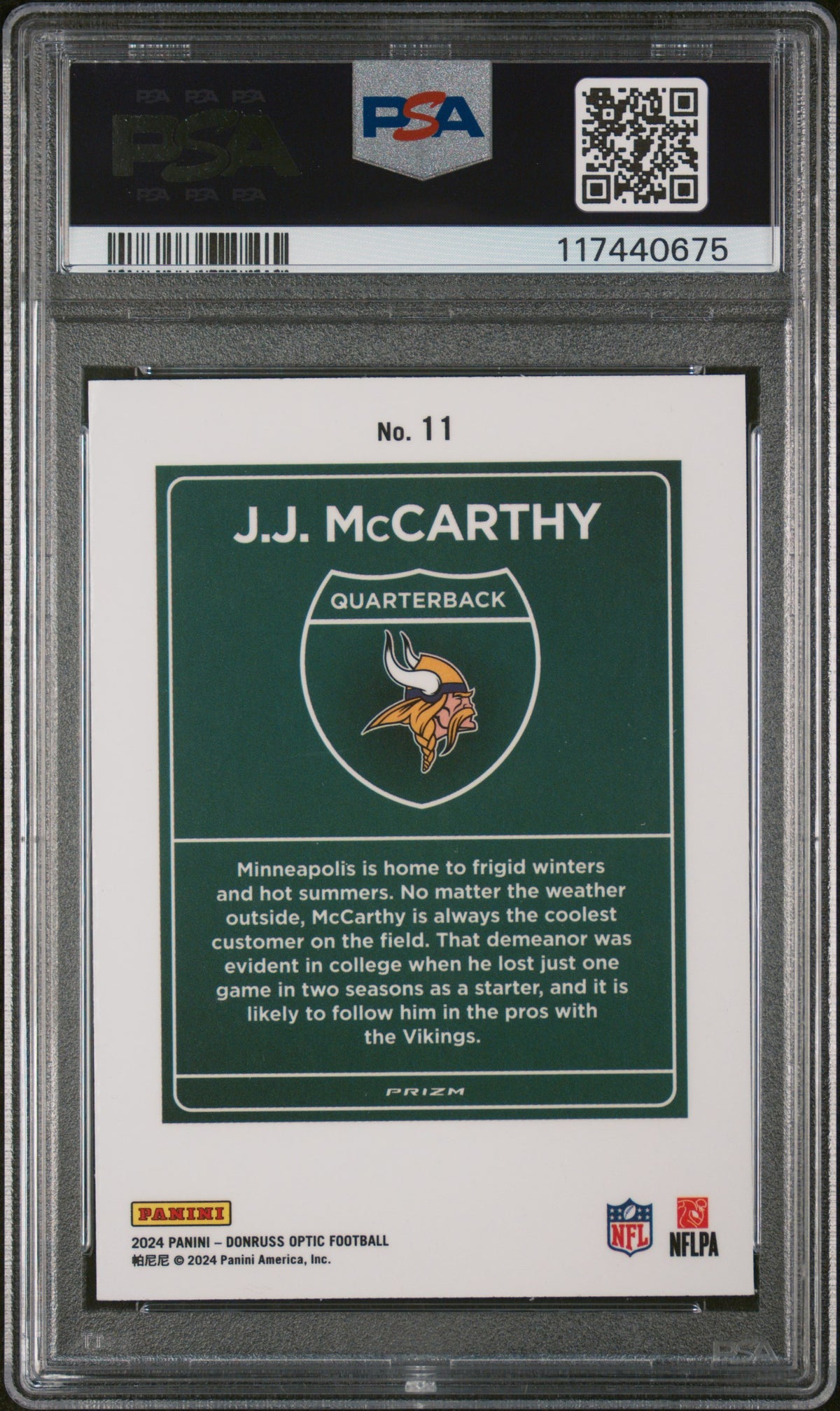 JJ Mccarthy 2024 Panini Donruss Optic Downtown! #11 PSA 10