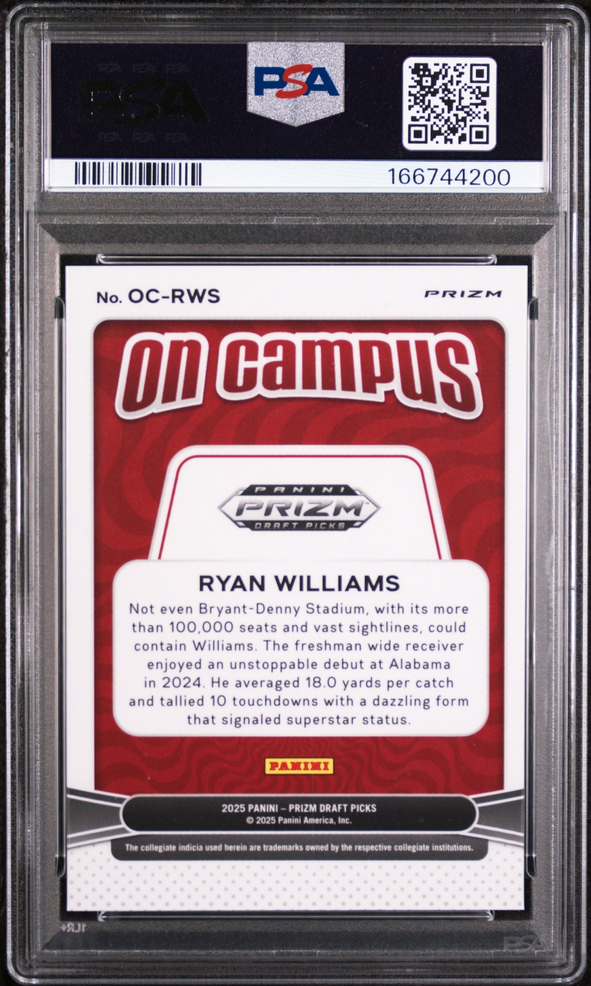 Ryan Williams 2025 Panini Prizm Draft Picks On Campus #OC-RWS PSA 10