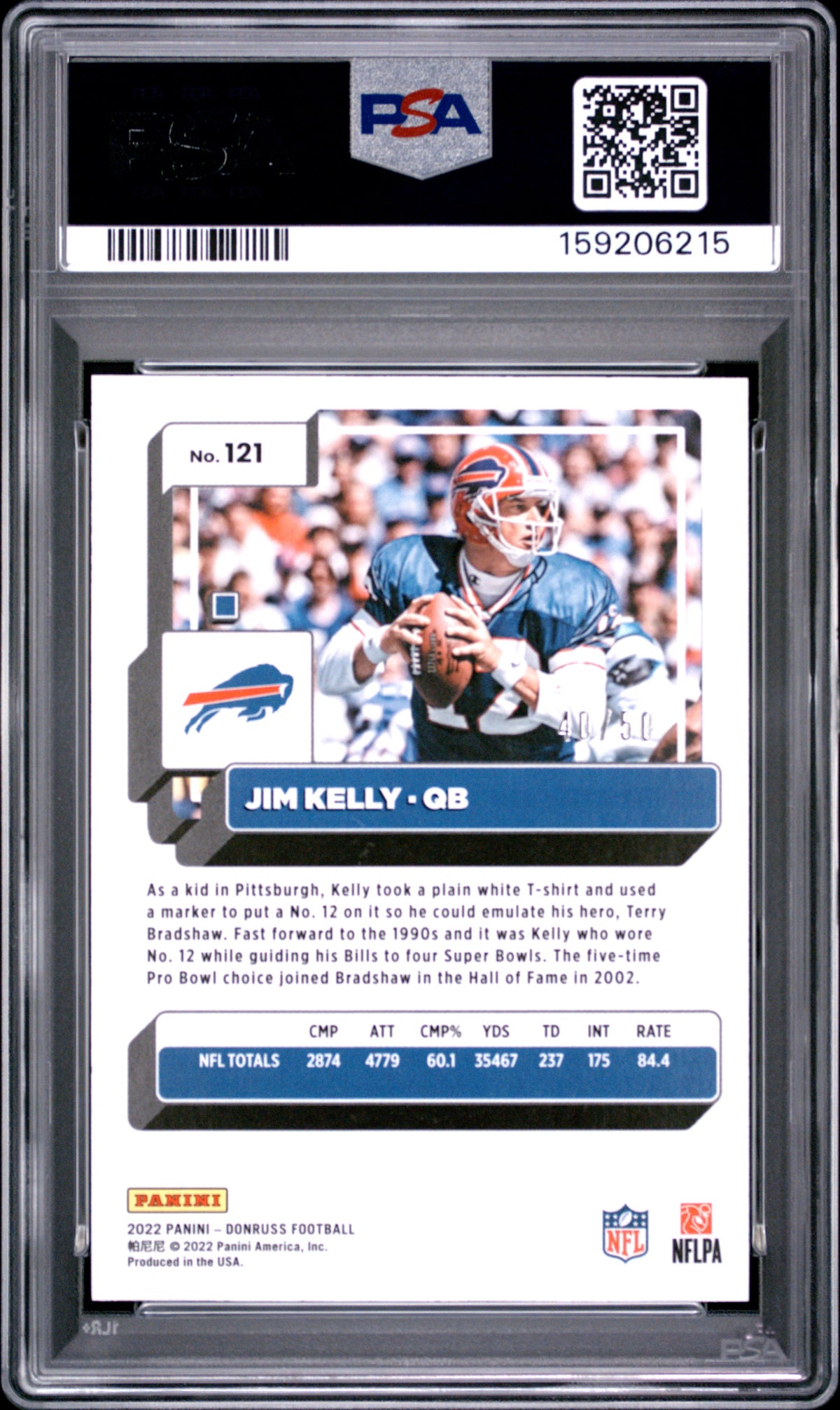 Jim Kelly 2022 Panini Donruss #121 Press Proof Gold PSA 10