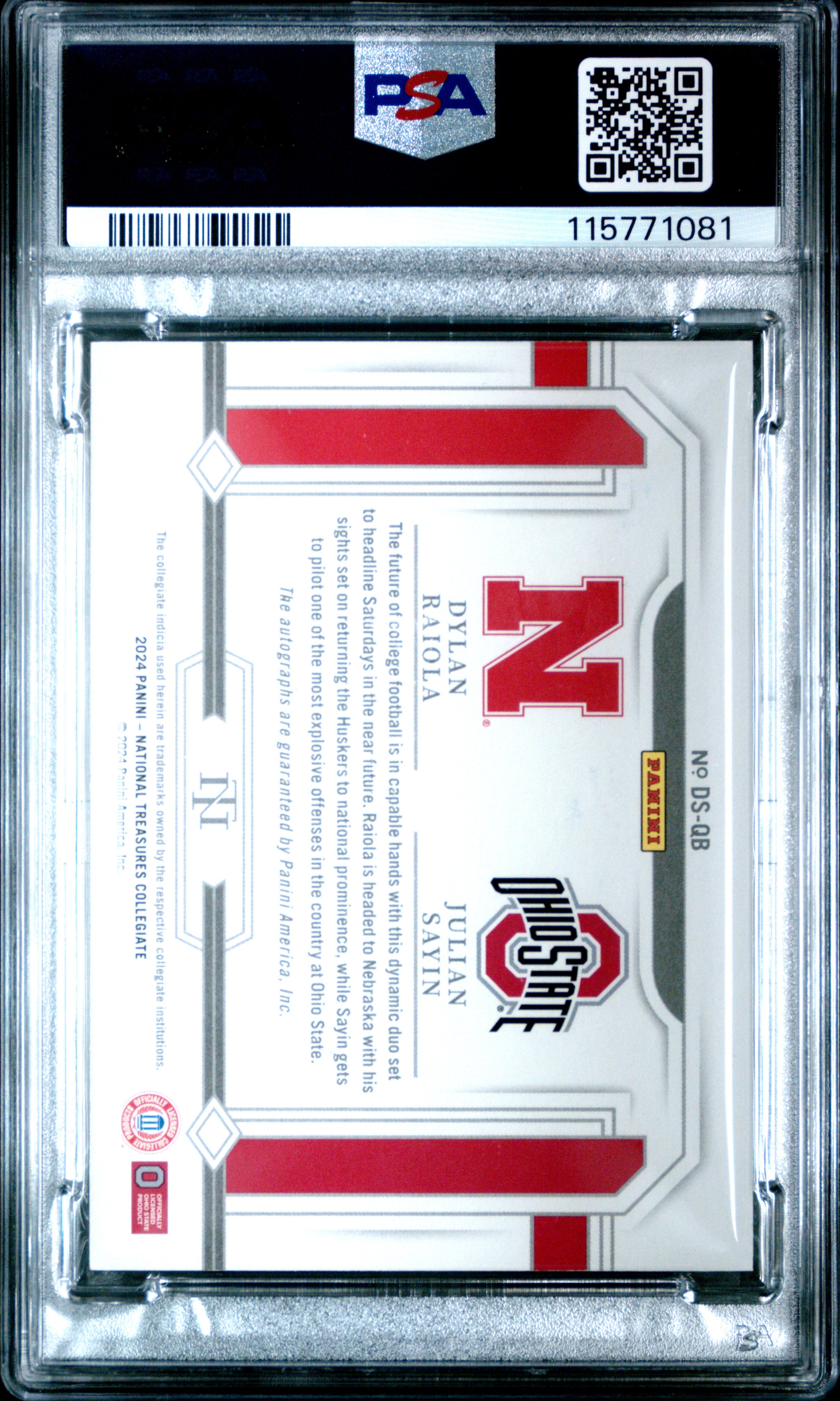 Sayin Raiola 2024 National Treasures Collegiate Dual Signatures #QB /25 PSA 10