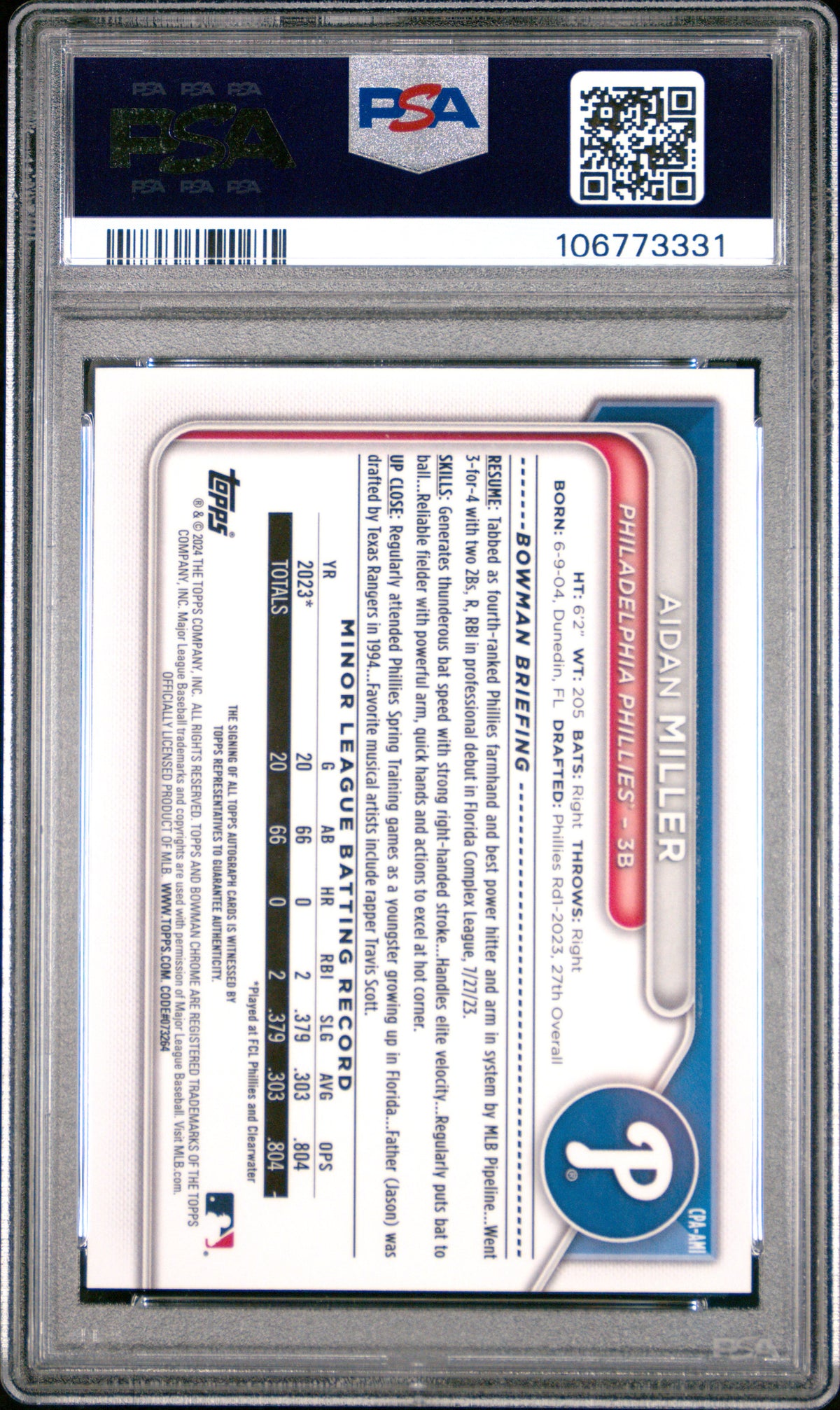 Aidan Miller 2024 Bowman Chrome Prospect Autographs #CPAAMI PSA 10