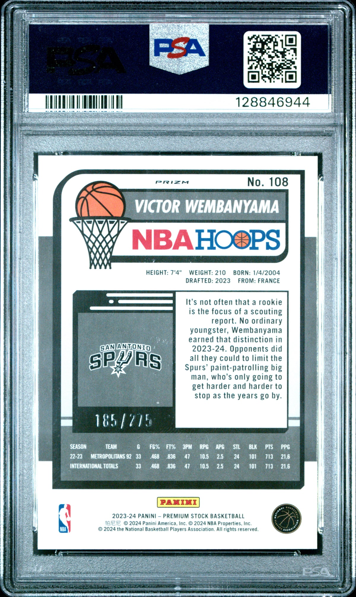 Victor Wembanyama 2023 Panini Hoops Premium Stock #108 Red Prizm PSA 10