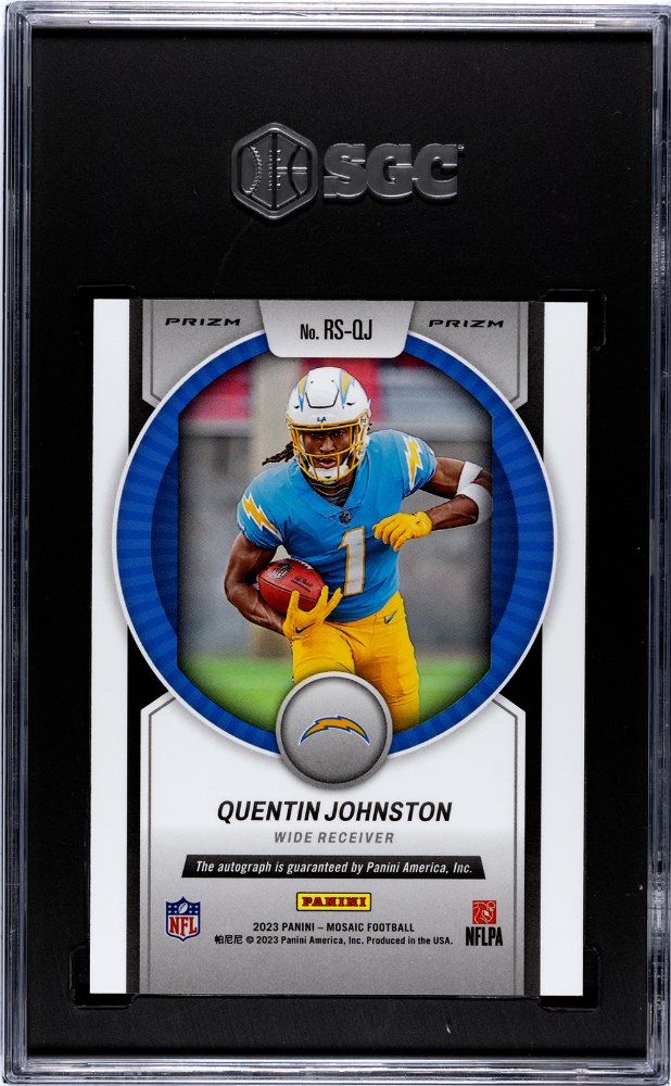 Quentin Johnston 2023 Panini Mosaic #RS-QJ Rookie Scripts Blue No Huddle Prizm SGC 10