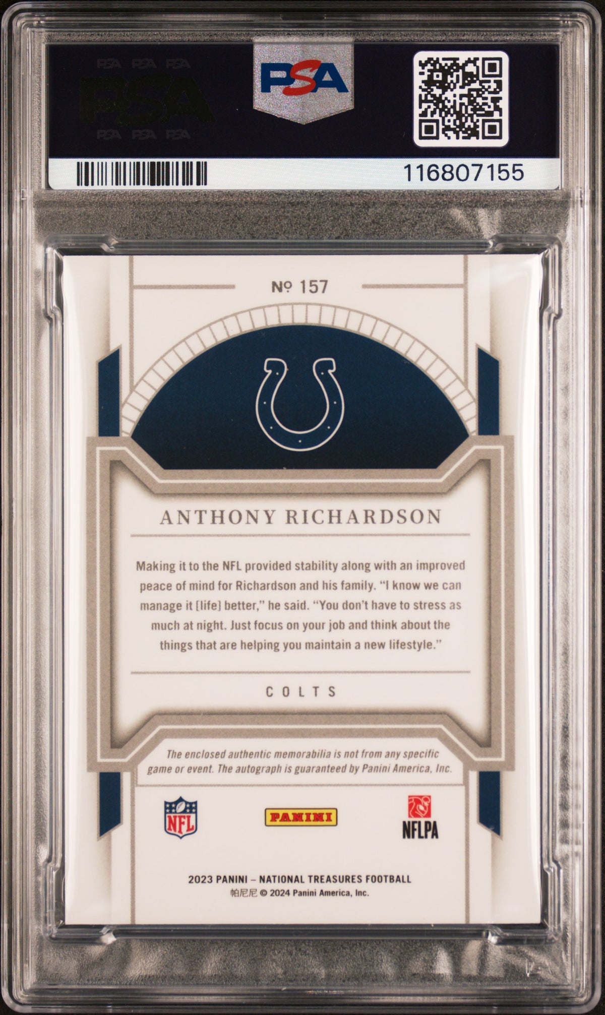Anthony Richardson 2023 Panini National Treasures #157 Patch Autograph /99 PSA A Auto 10