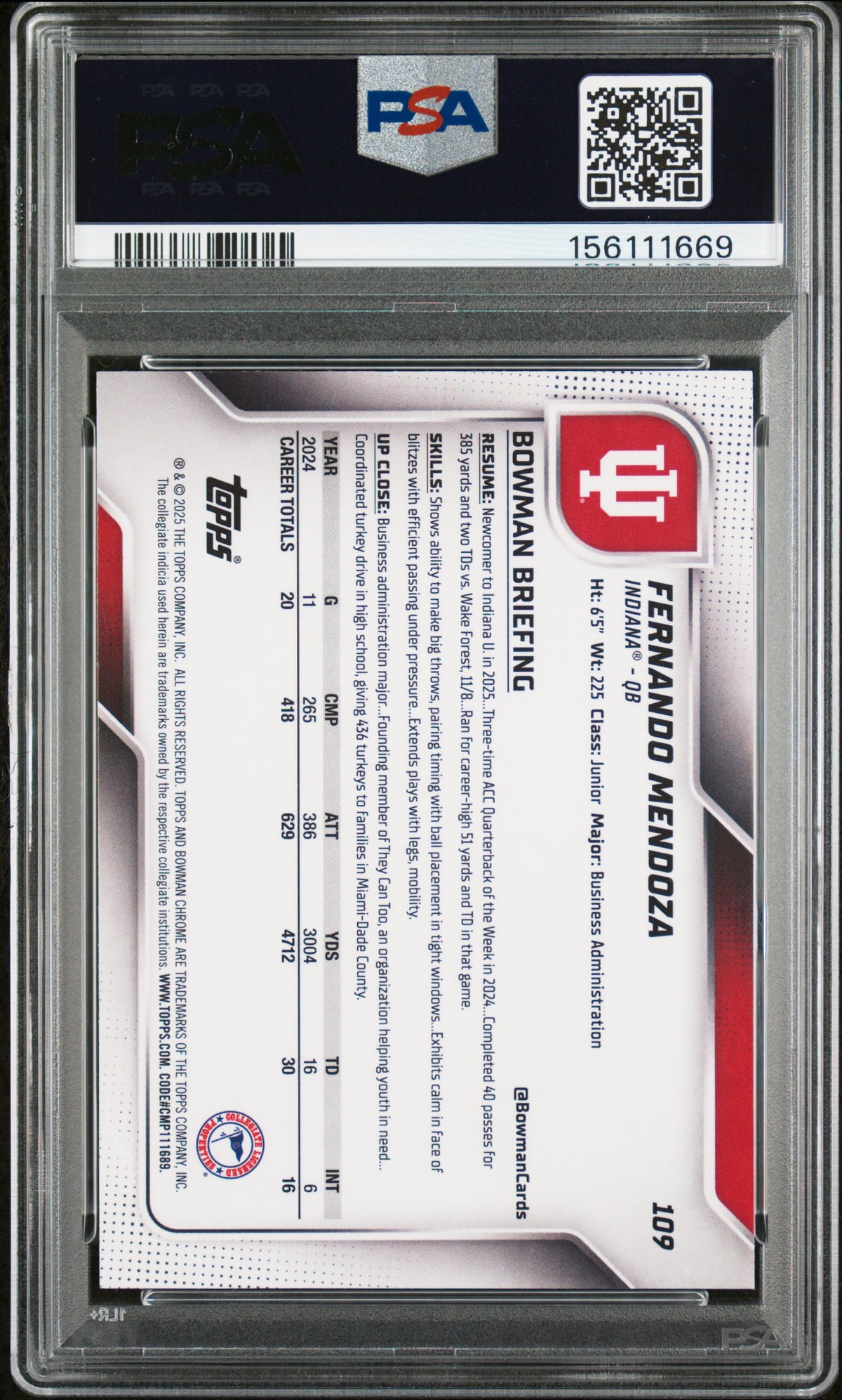 Fernando Mendoza 2025 Bowman University Chrome #109 Green Mini Diamond PSA 9