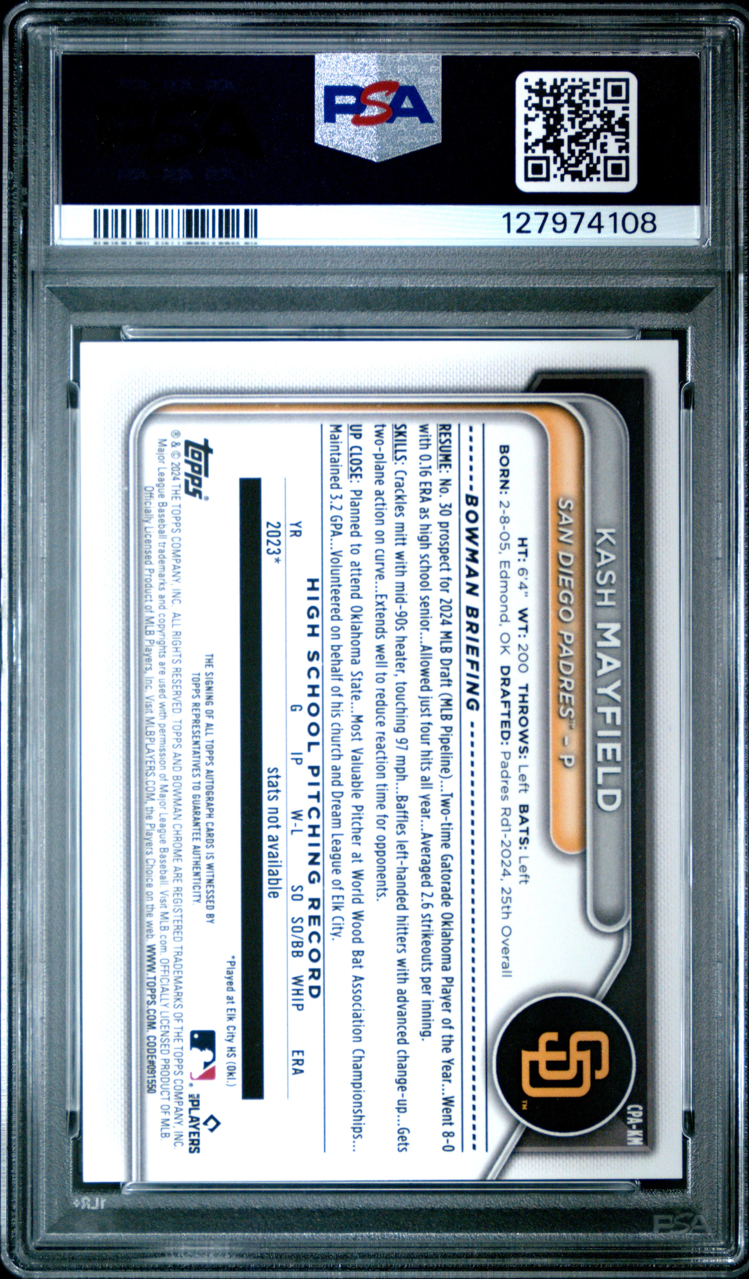 Kash Mayfield 2024 Bowman Draft Chrome Prospect Autographs #CPAKM PSA 10