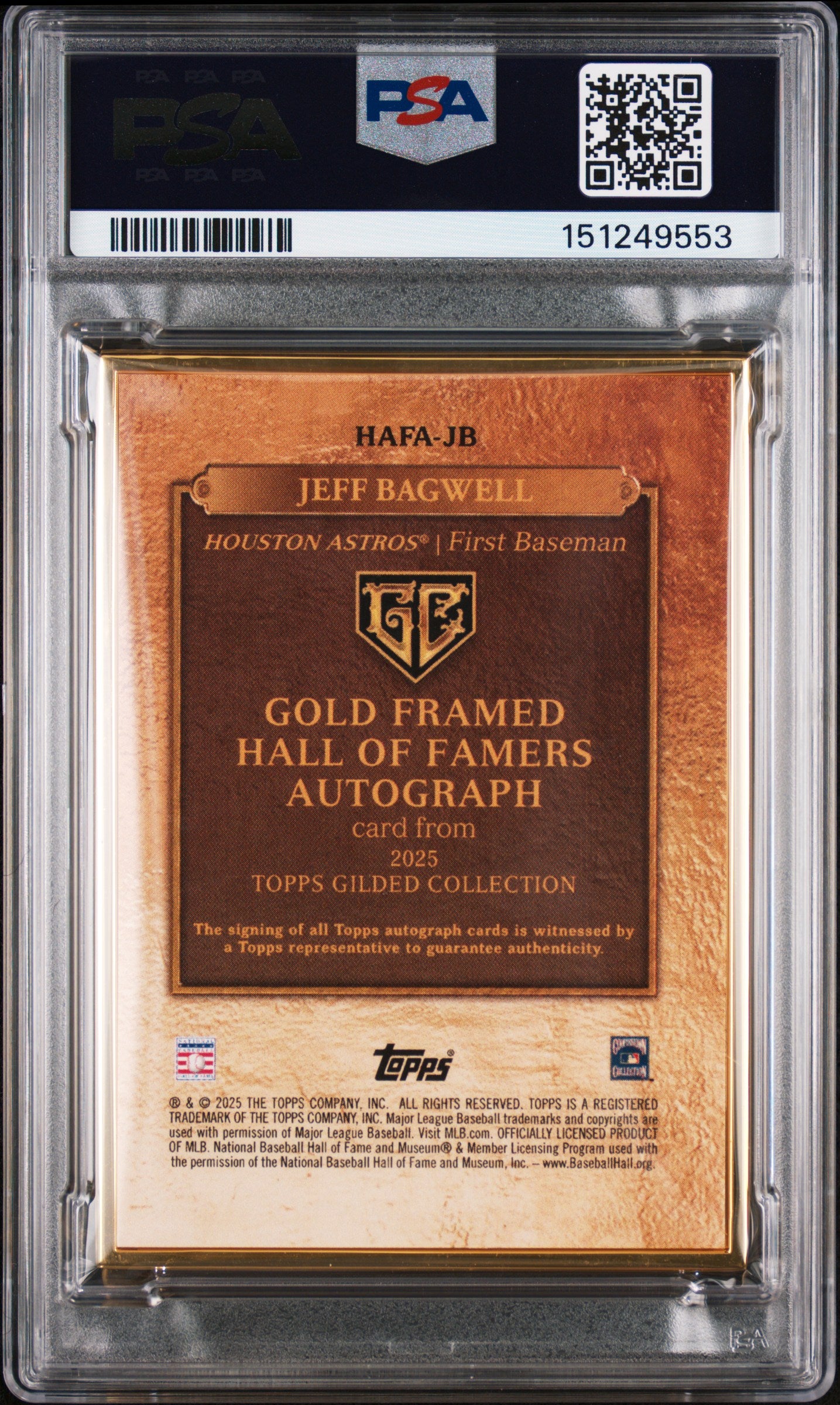 Jeff Bagwell 2025 Topps Gilded Collection Gold Framed Hall Of Fame Autographs #HAFA-JB /99 PSA 9