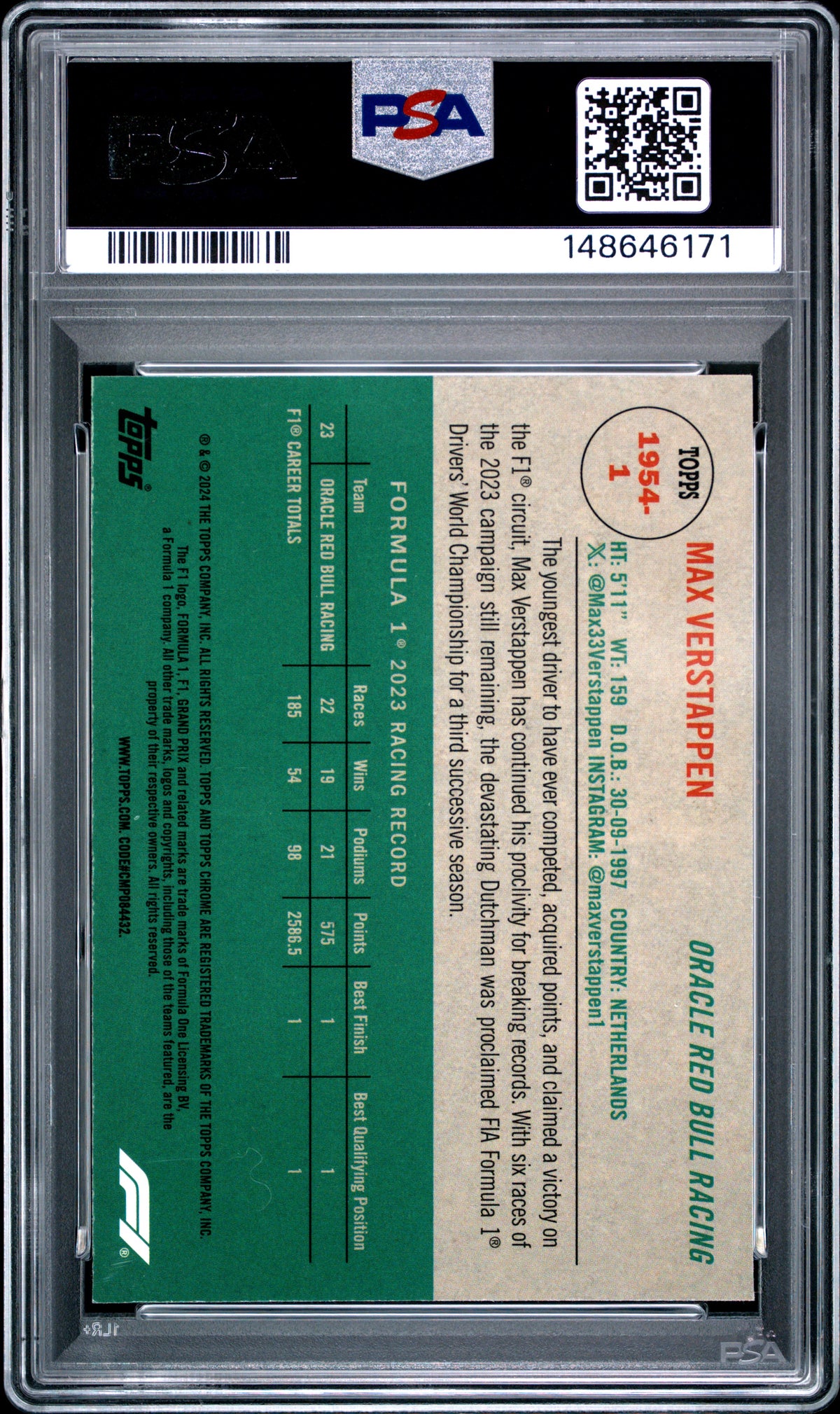 Max Verstappen 2024 Topps Chrome Formula 1 1954 Topps #1954-1 PSA 9