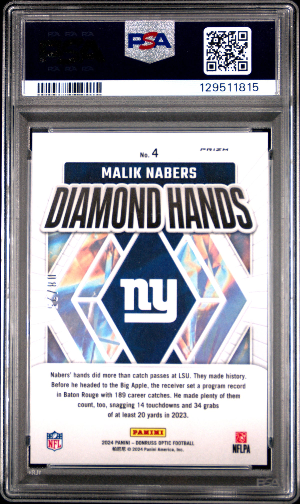 Malik Nabers 2024 Panini Donruss Optic Diamond Hands #4 BLK Pandora PSA 10