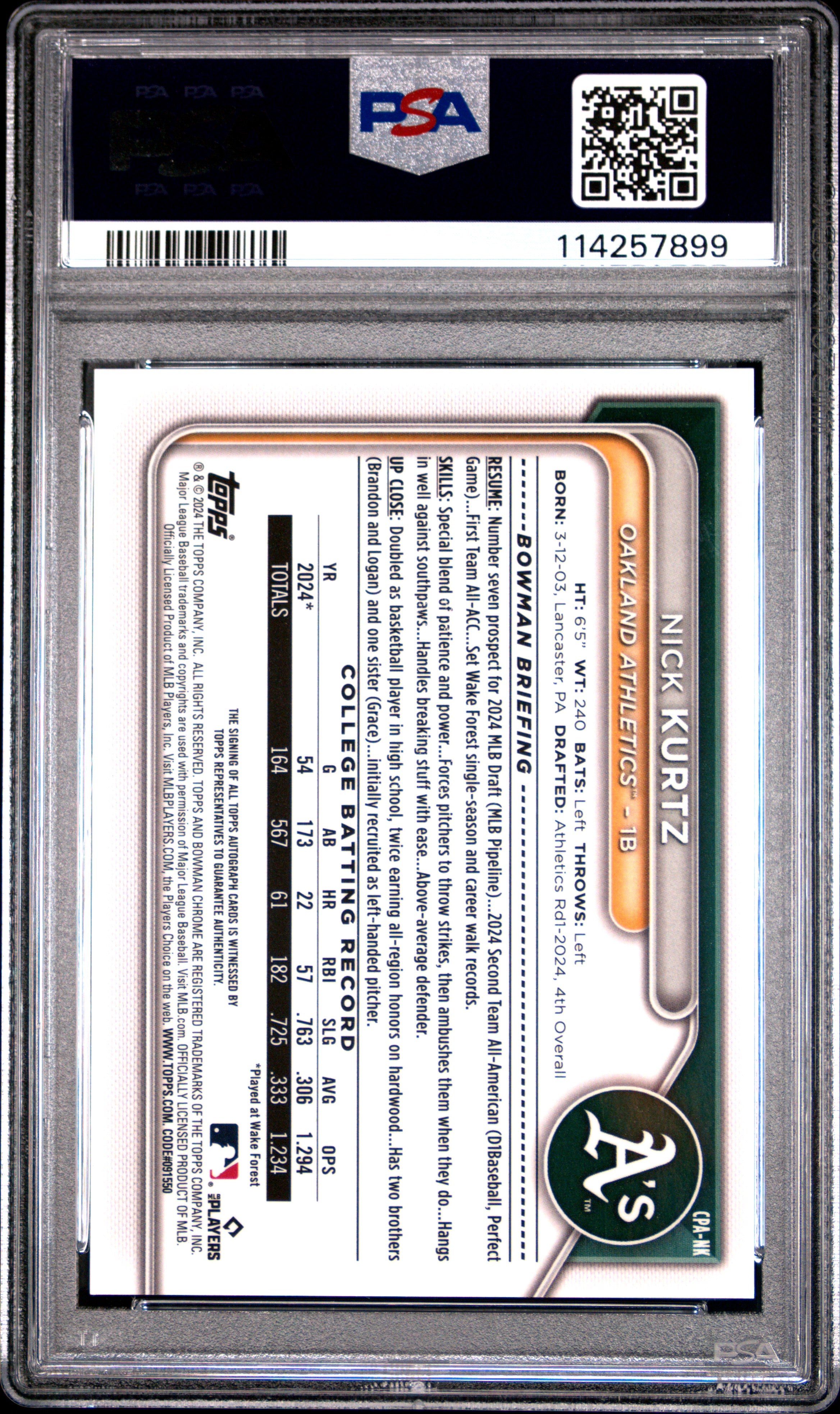 Nick Kurtz 2024 Bowman Draft Chrome Prospect Autographs #CPANK PSA 9