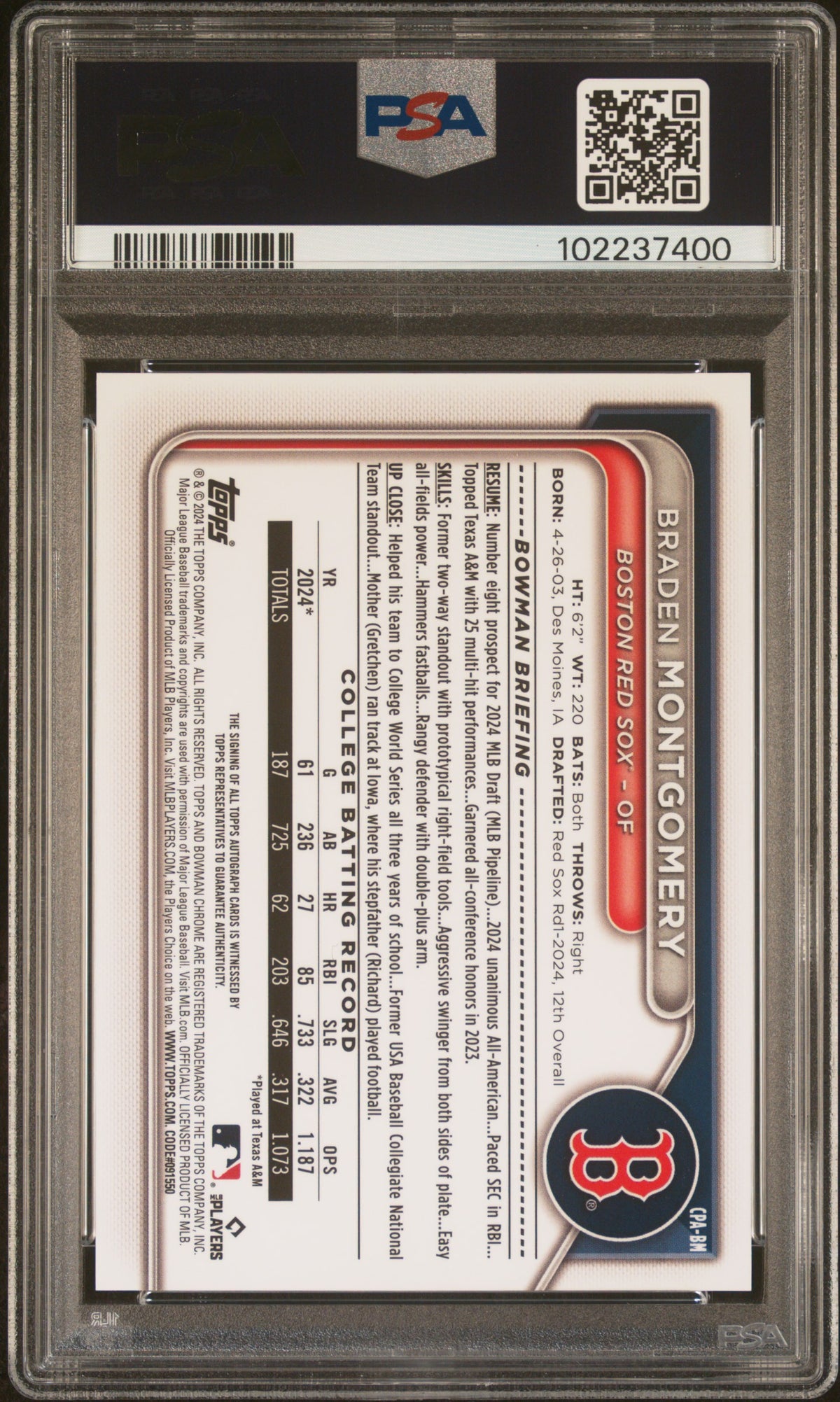 Braden Montgomery 2024 Bowman Draft Chrome Prospect Autographs #CPABM PSA 9