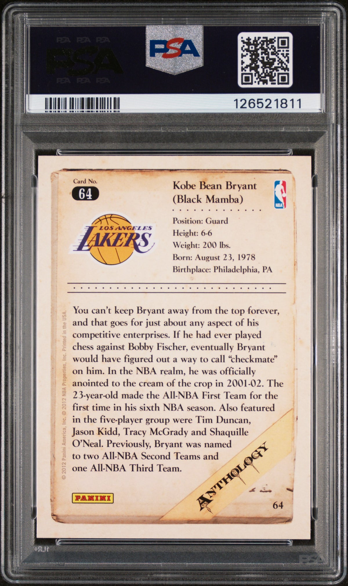 Kobe Bryant 2012 Panini Kobe Anthology #64 PSA 10