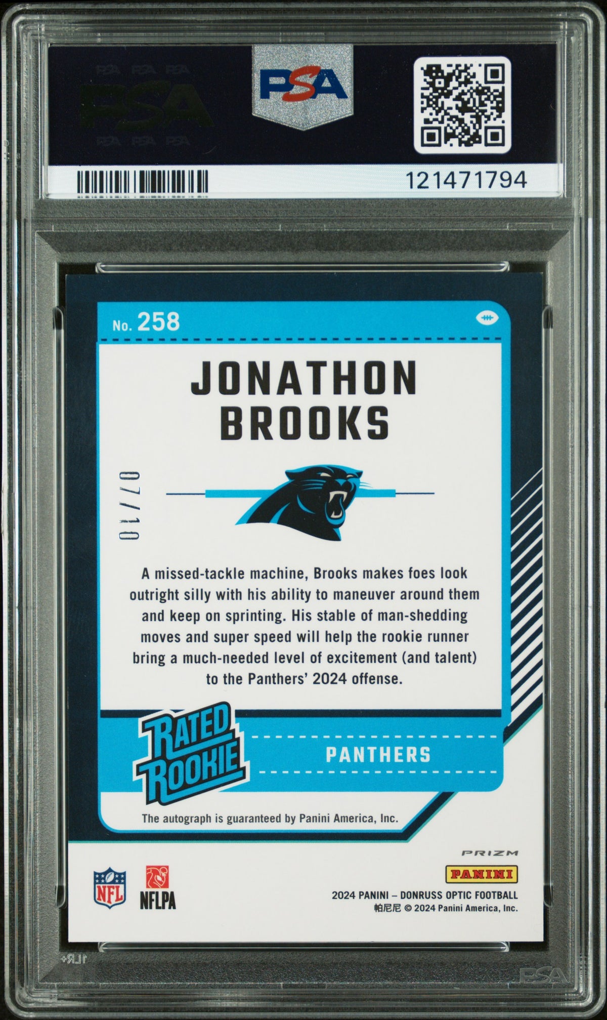 Jonathon Brooks 2024 Panini Donruss Optic #258 Autograph Gold PSA A Auto 10