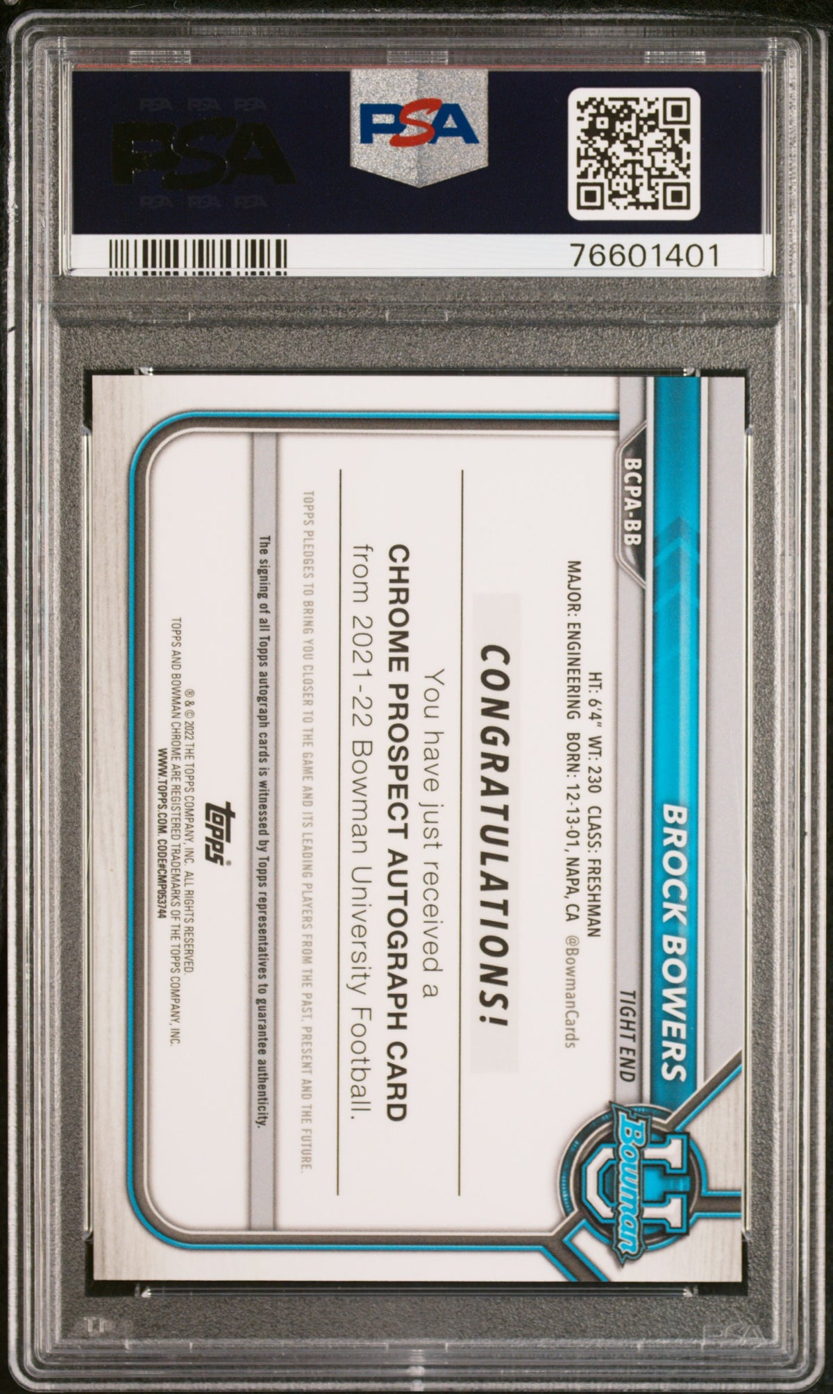 Brock Bowers 2021 Bowman University Chrome Prospect Autographs #BB CHR. Pros. Auto Yellow Refractor /75 PSA 10